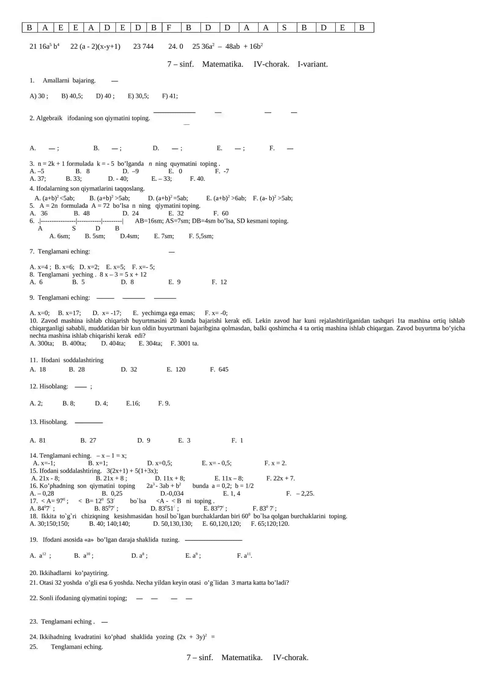 Matematika sinf dars ishlanmalar 4