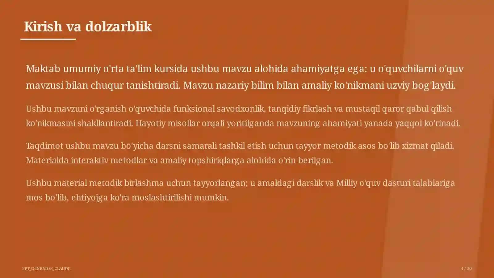 Dolzarb mavzular — maktab va o'qituvchilar (2026) — metodik birlashma uchun 4
