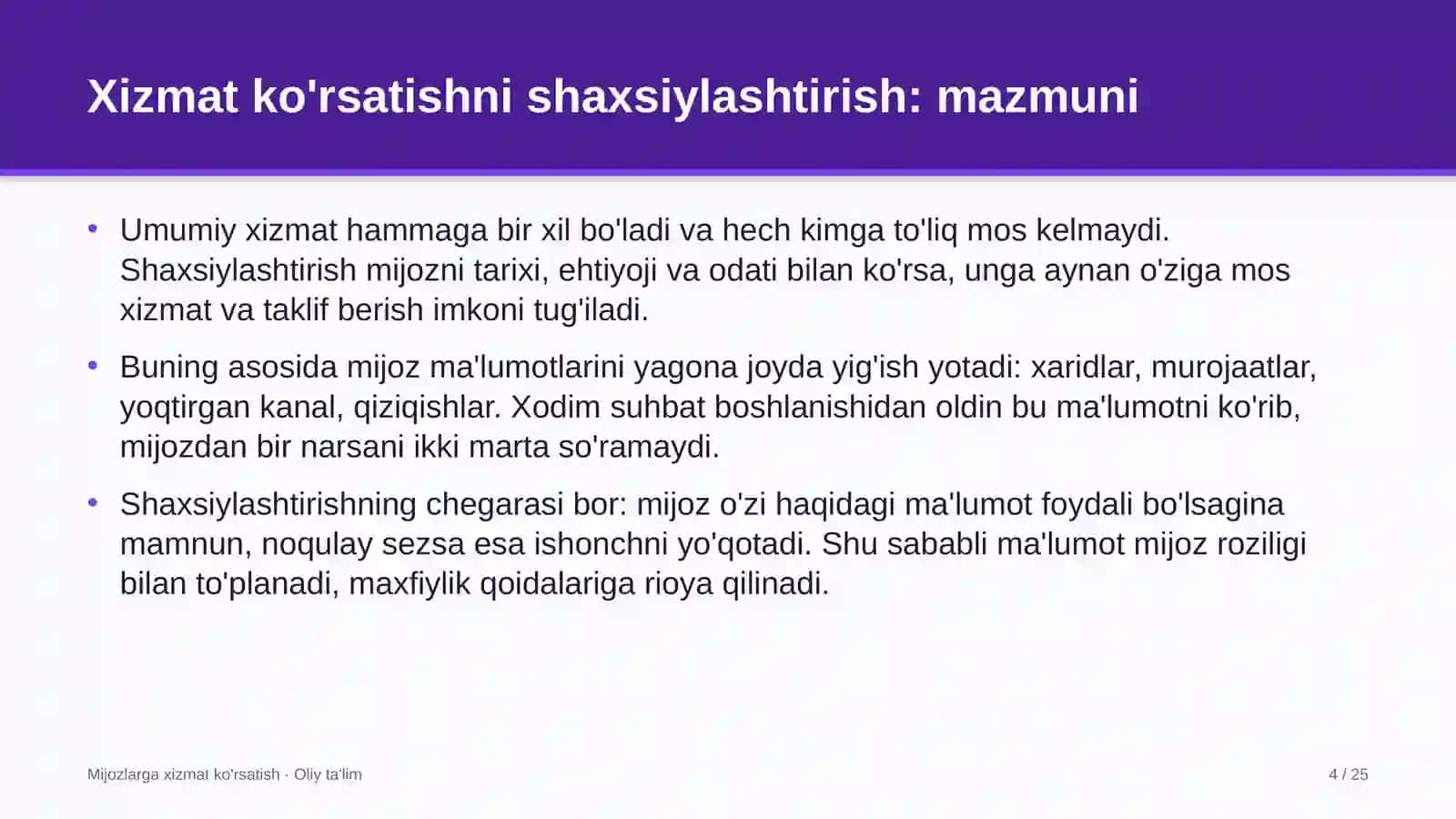 MIJOZLARGA XIZMAT KO'RSATISH · OLIY TA'LIM 4