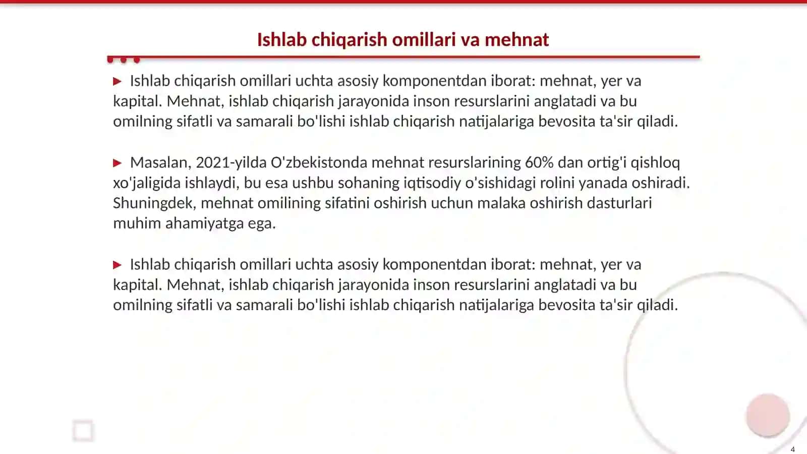 Mehnatning tahlili-ishlab chiqarish omili sifatida 4