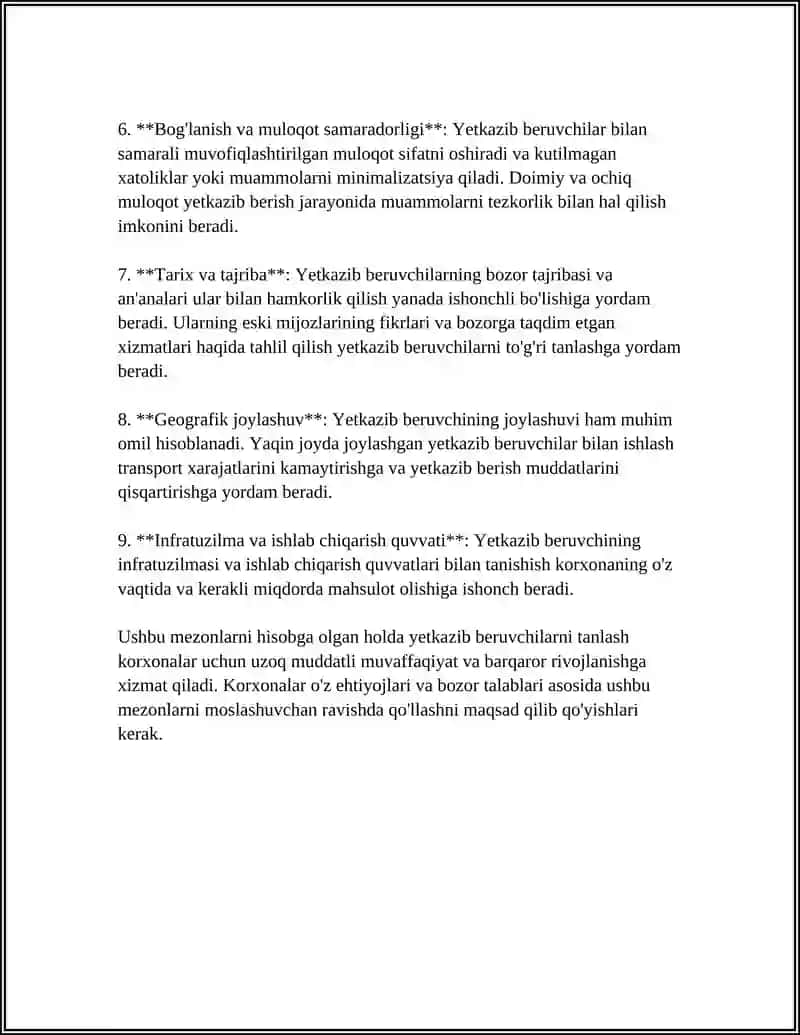 Yetkazib beruvchilarni tanlash mezonlari va tahlili 4