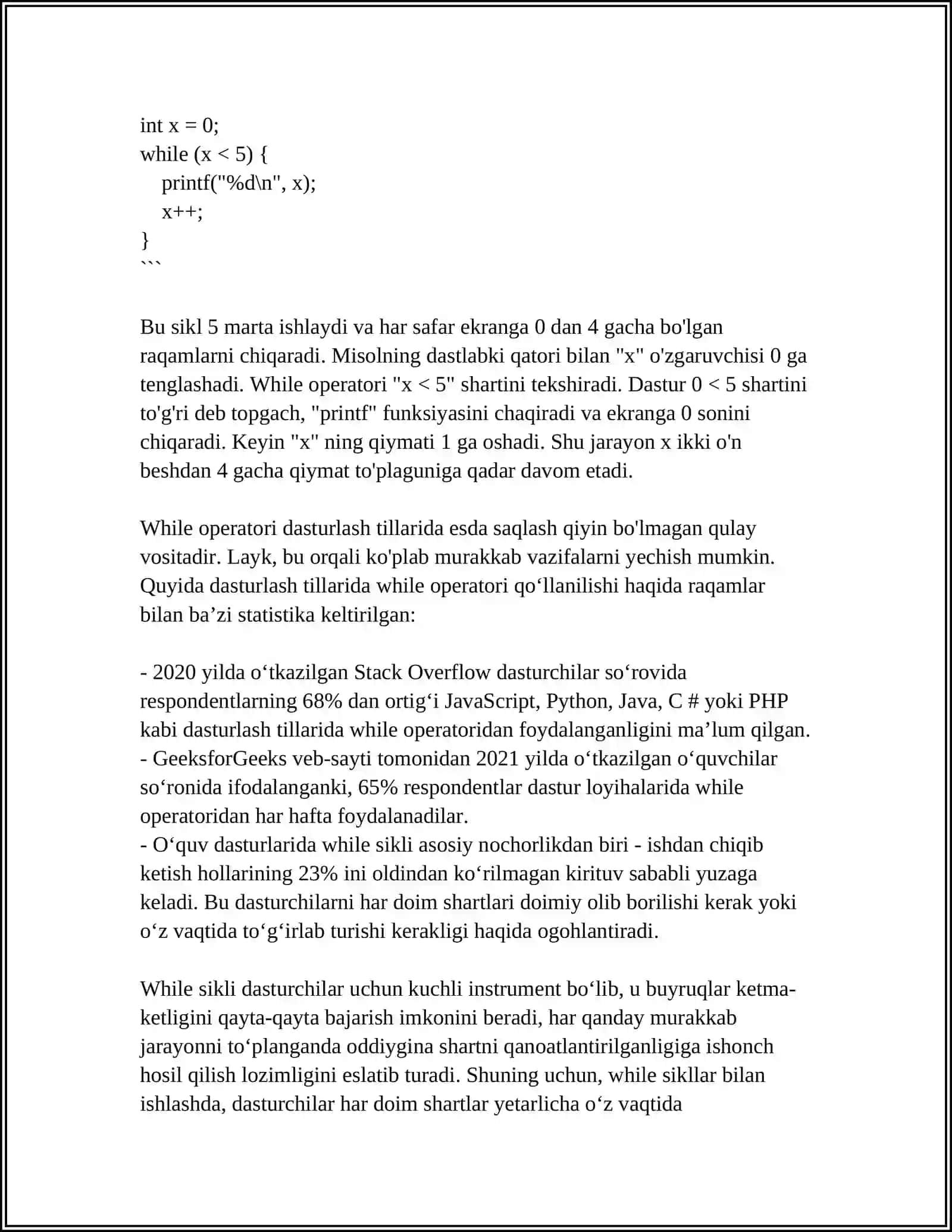 PYTHON DASTURLASH TILI WHILE OPERATORI VA UNING QOʻLLANILISHIGA DOIR MISOLLAR 4