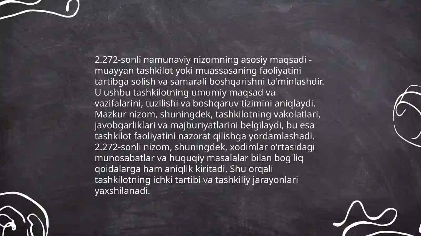 O'zbekiston Respublikasi Vazirlar Mahkamasi qaroriga asosan 272-sonli namunaviy nizomning ahamiyati 4