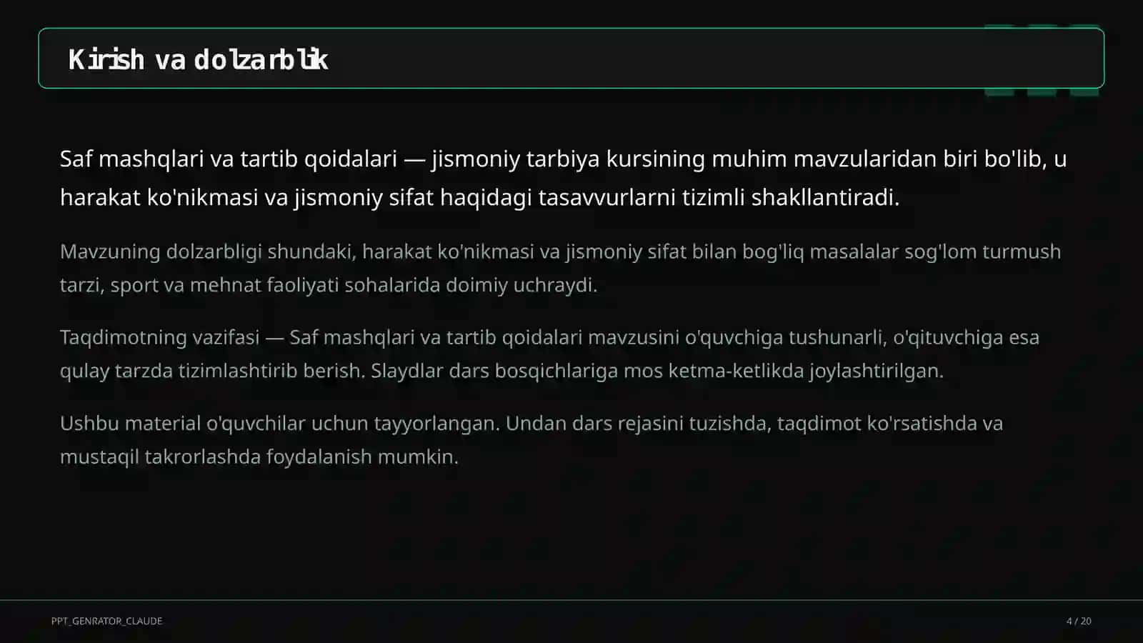 Saf mashqlari va tartib qoidalari (1-sinf) 4