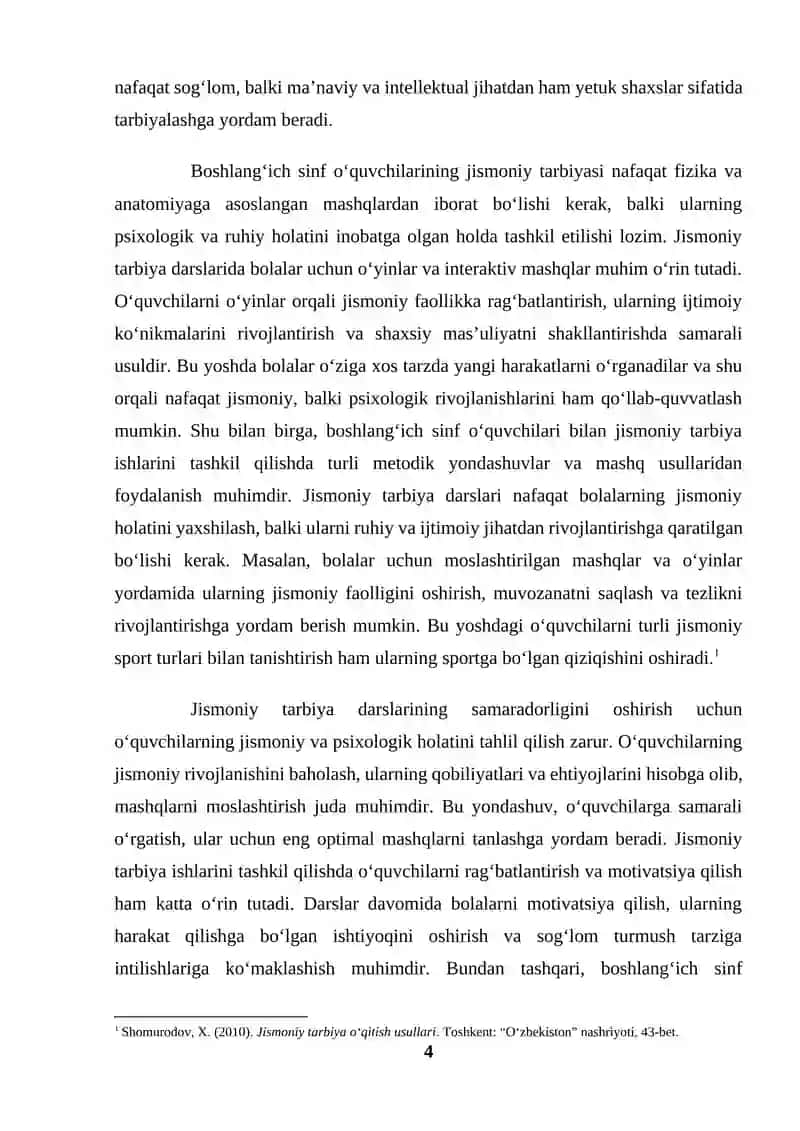 Boshlangʻich sinf o'quvchilari bilan jismoniy tarbiya ishlarini tashkil qilish usullari (KURS ISHI) 4
