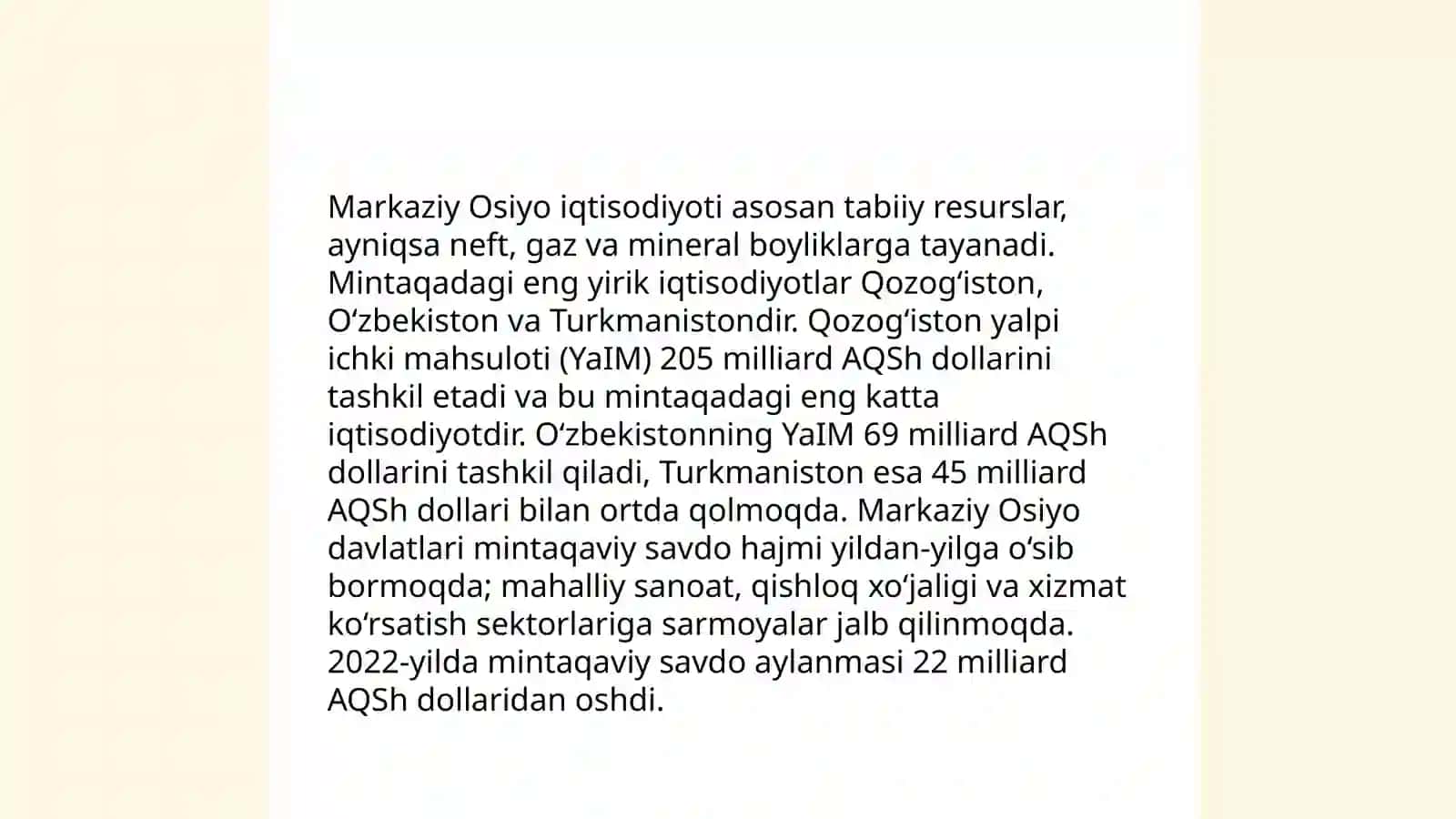 Markaziy Osiyo davlatlari boʻlinishi va Andijon.Namangan va Fargʻona iqtisodiy rayoni haqida glossary tuzish 4