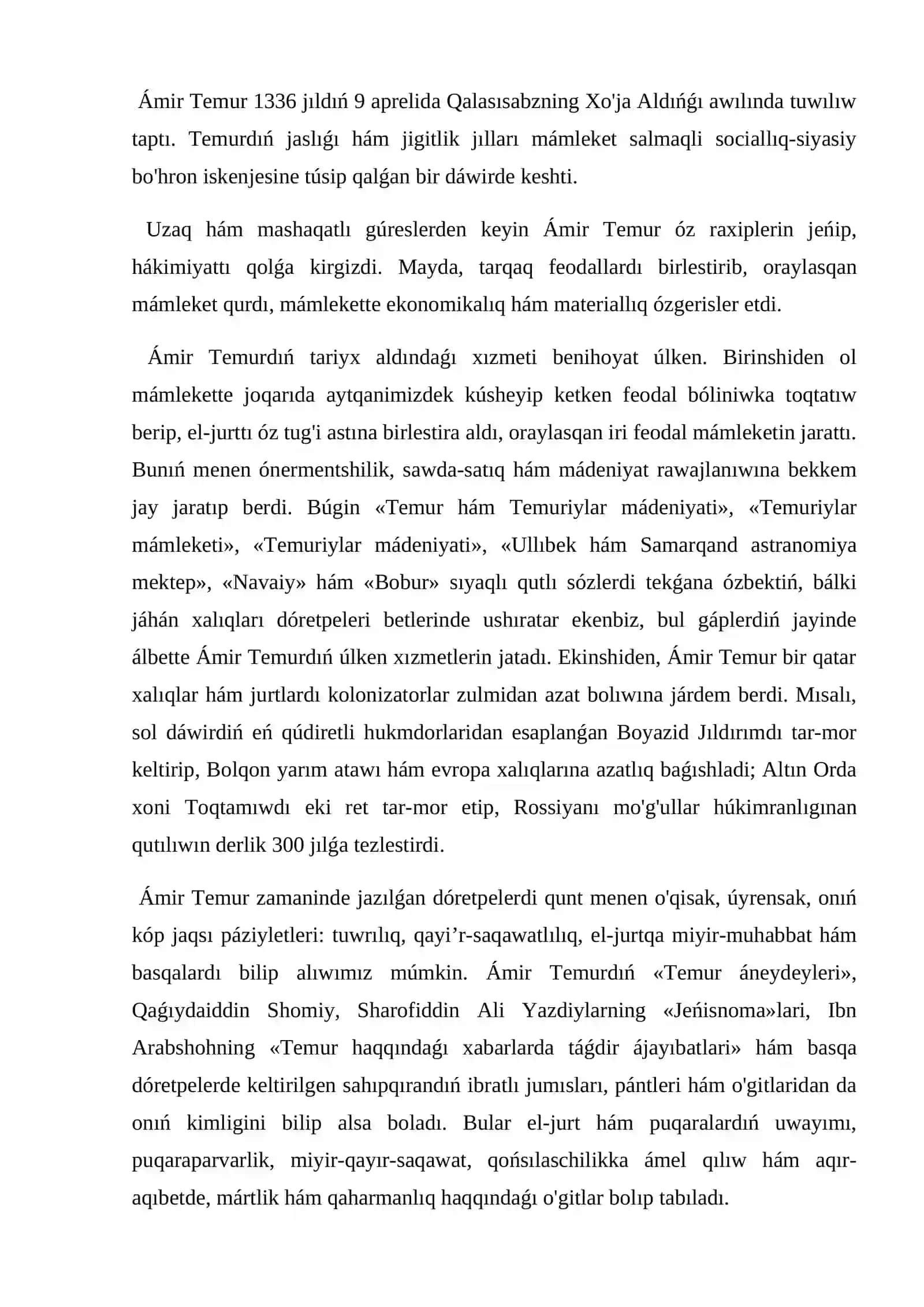 Mawaranahrda Ámir Temur tárepinen oraylasqan mámleket júzege keltiriliwi jáne onıń pán, mádeniyat hám bilim rawajlanıwına qosqan úlesi 4