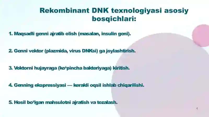 Tibbiyotda DNK rekombinantlarni qo'llanilishi. Viruslarga va o'smalarga qarshi dori vositalarning ta'sir mexanizmi (DNK, RNK fermentlariga nisbatan) 4