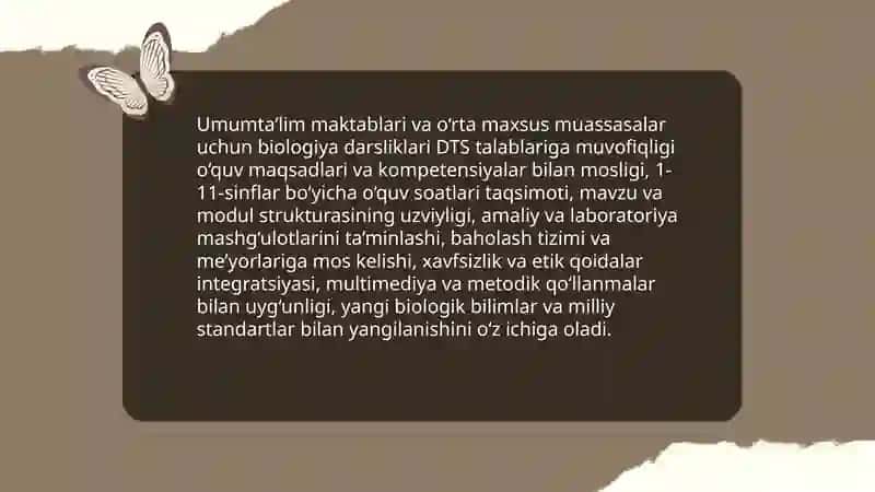 Umumiy òrta ta'lim makatablari va òrta maxsus ta'lim muassasalari uchun biologiyadan tuzilgan DTS,òquv dasturi,darsliklar va metodik qòllanmalarni òrganish va ular òrtasidagi uzviylikni tahlil etish 4