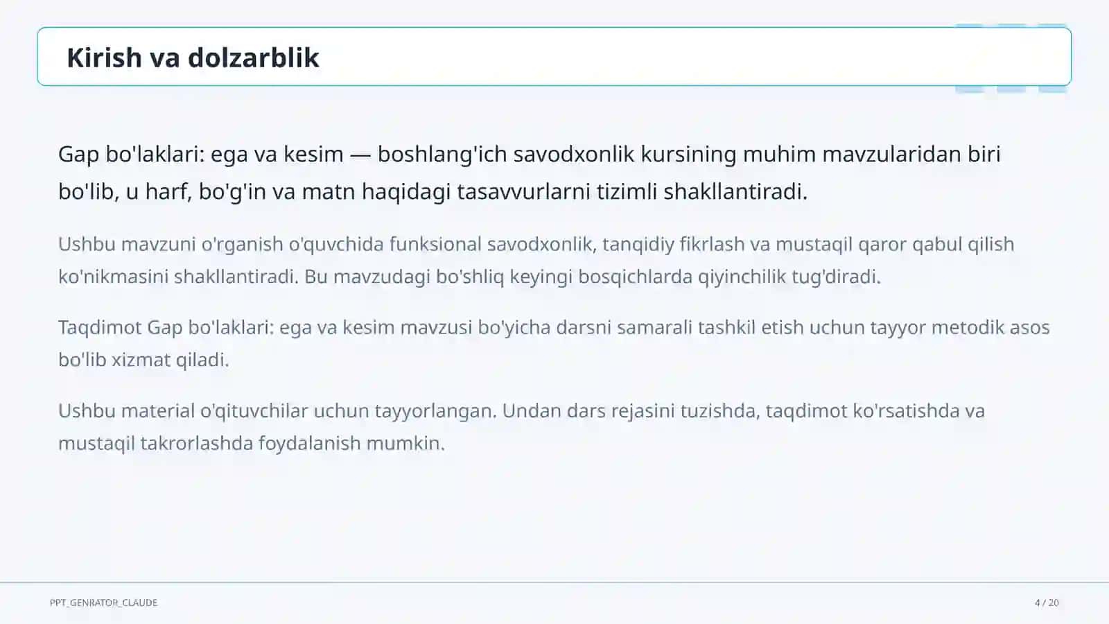 Gap bo'laklari: ega va kesim (4-sinf) 4