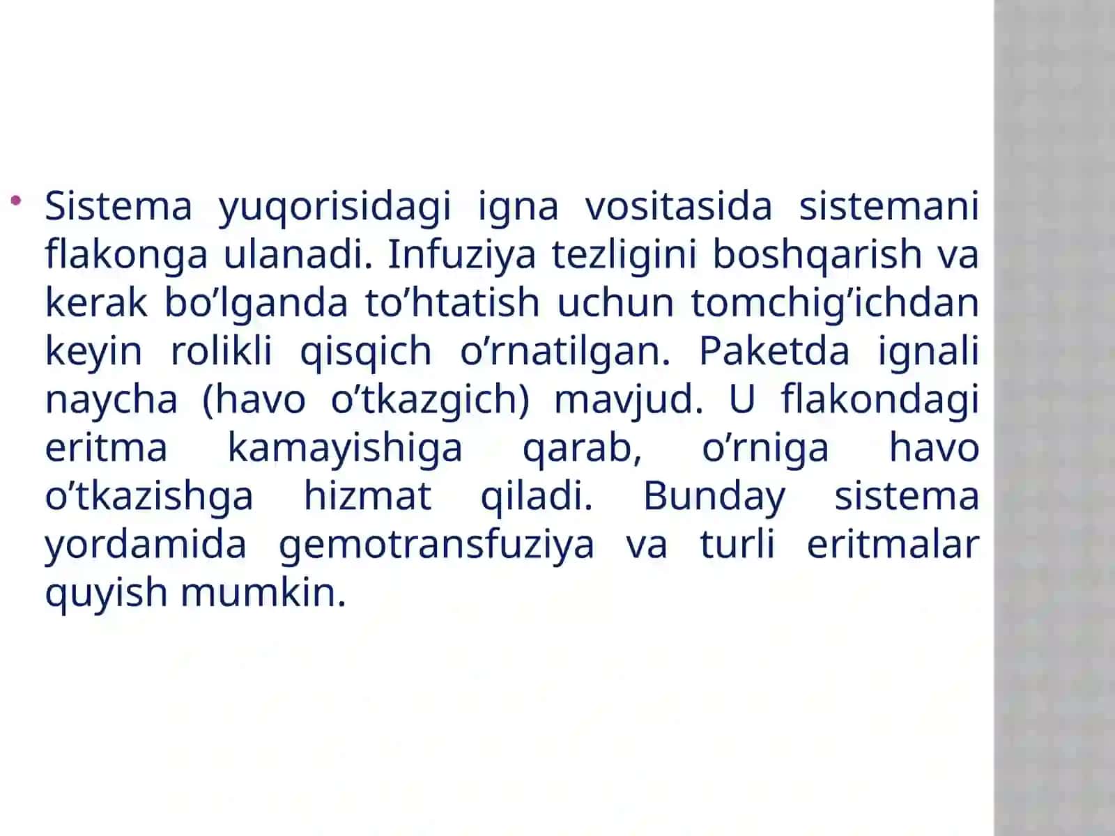 Qosimova Zilolaxonning “Dori moddasini tomir ichiga oqim bilan va tomchi usuli dayuborish” MAVZUSIDA (AMALIY DARS) TAQDIMOTI 4