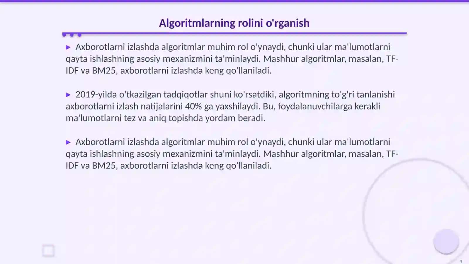 Axborotlarni izlash va ajratish vektorlarning usul va algoritmlari 4