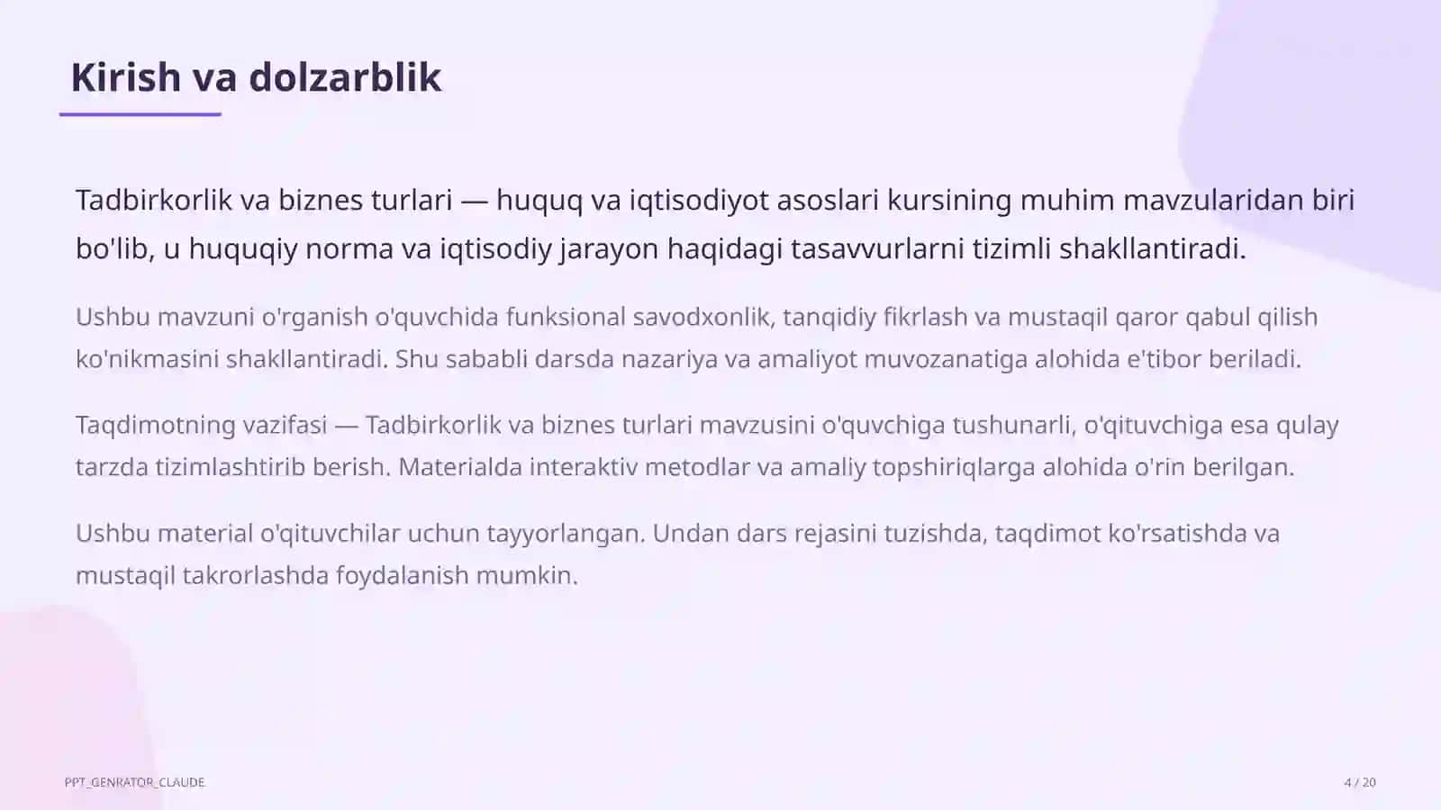 Tadbirkorlik va biznes turlari (10-sinf) 4