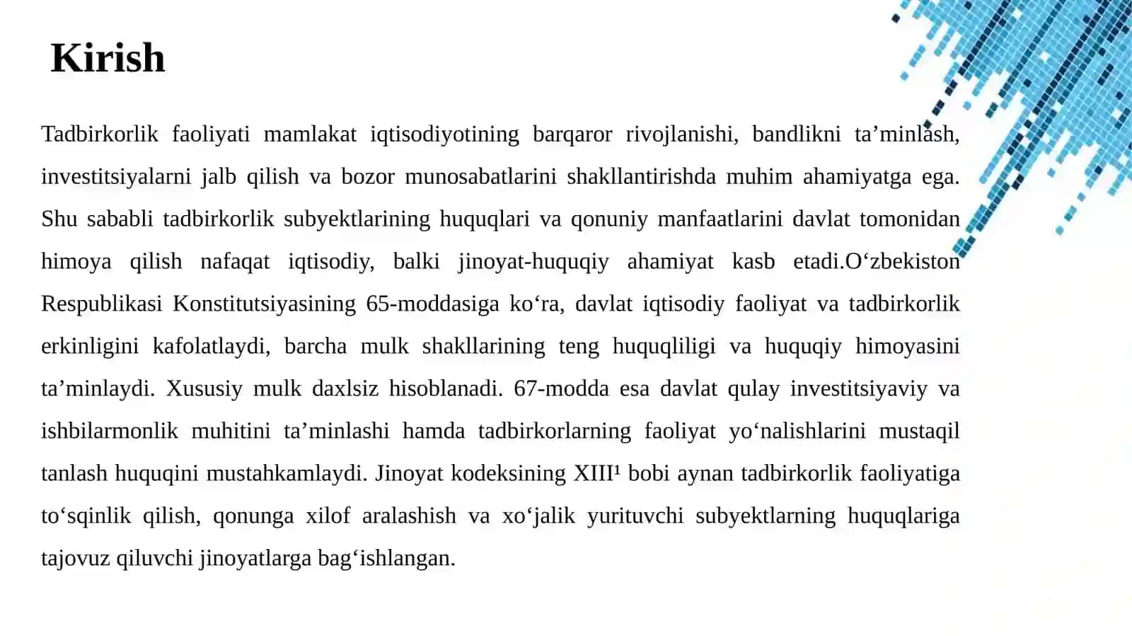 Tadbirkorlik faoliyatiga to'sqinlik qilish, qonunga xilof ravishda aralashish bilan bog'liq jinoyatlar hamda xo'jalik yurituvchi subyektlarning huquqlari va qonuniy manfaatlari 4