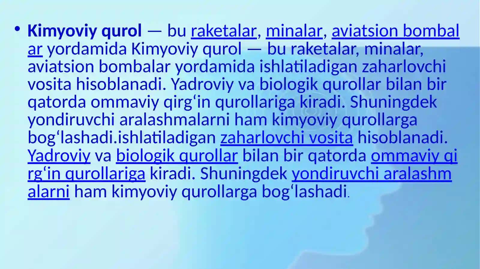 Kimyoviy qurol.Zaharli moddalar tasnifi.Kimyoviy vaziyatni baholash 4
