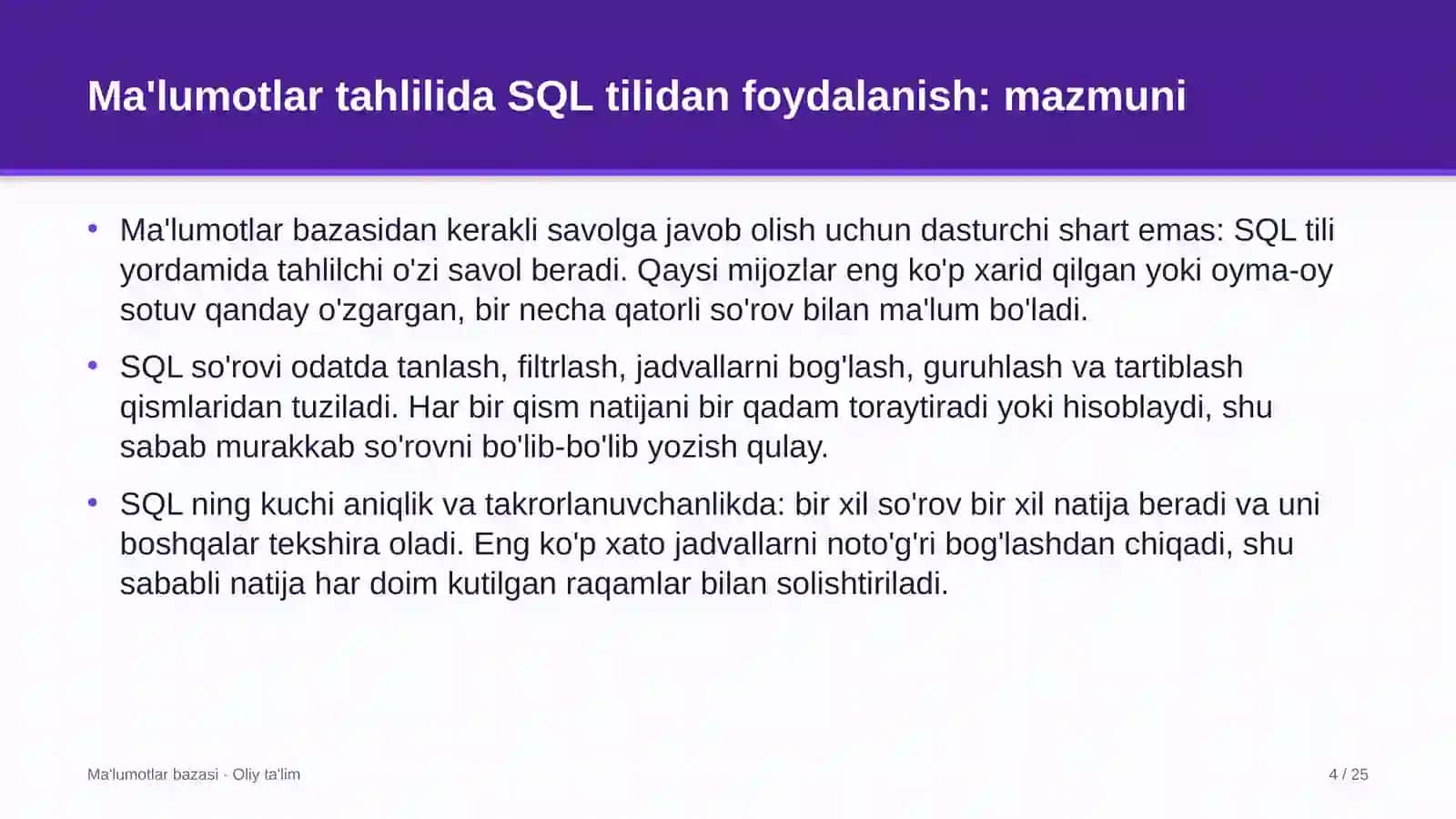 Davlat universitetlarida ma'lumotlar tahlilida SQL tilidan foydalanish 4