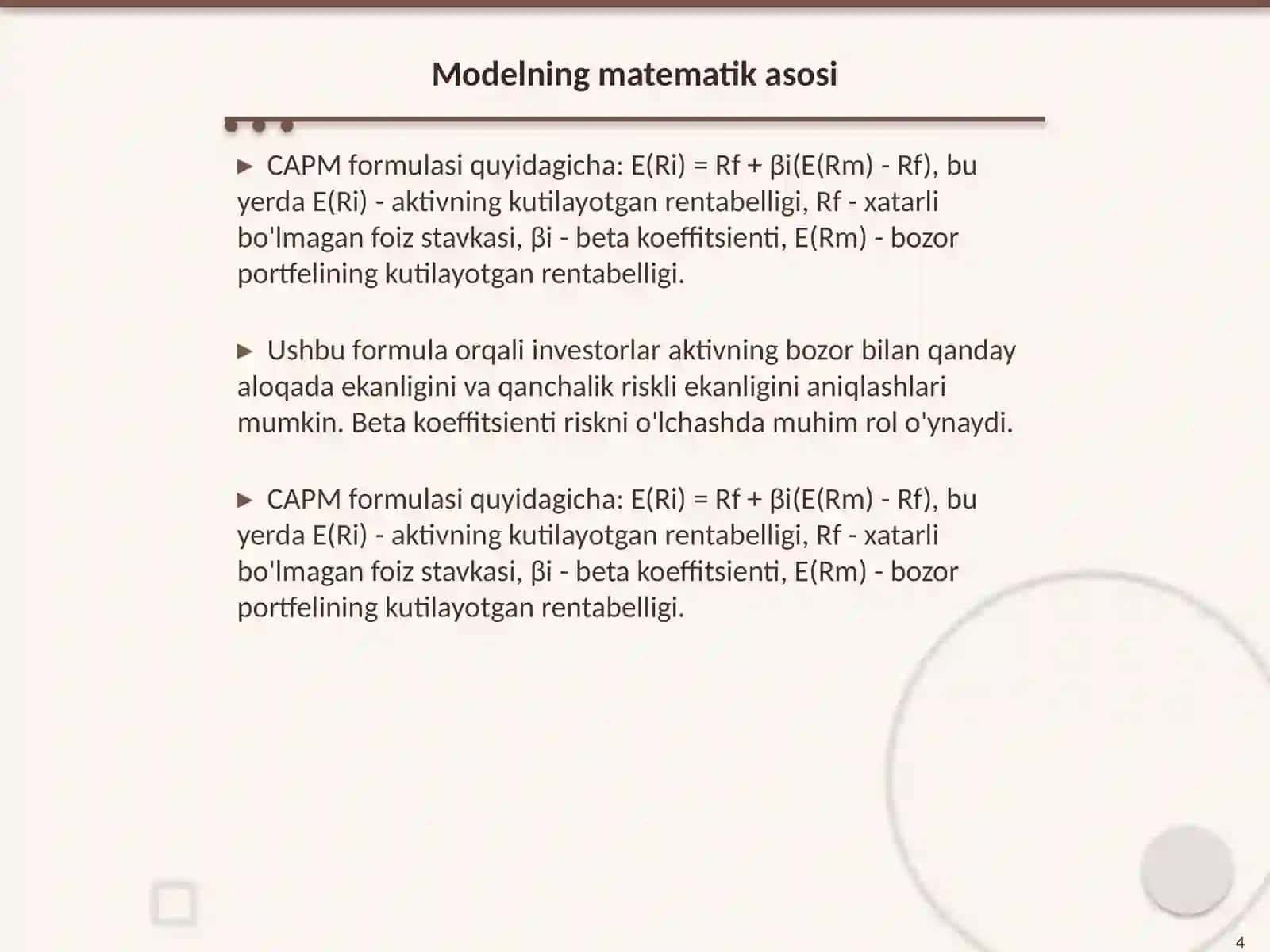 Kapital aktivlarni baxolash modeli va undagi asosiy indikatorlar 4