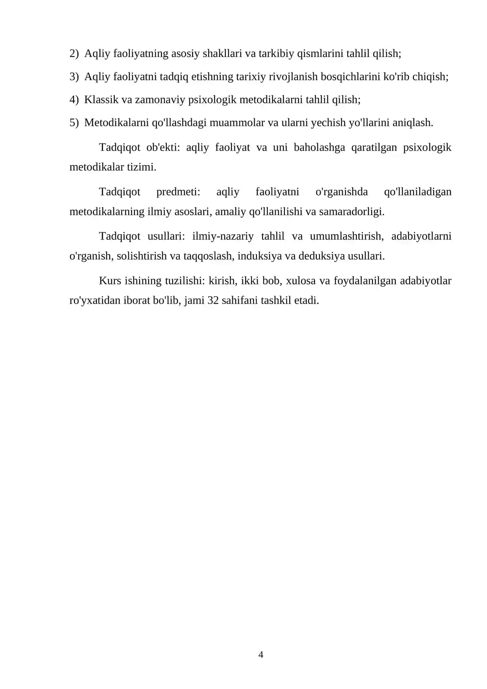 Aqliy faoliyatni o’rganish uchun metodikalar mavzusidagi kurs ishi 4