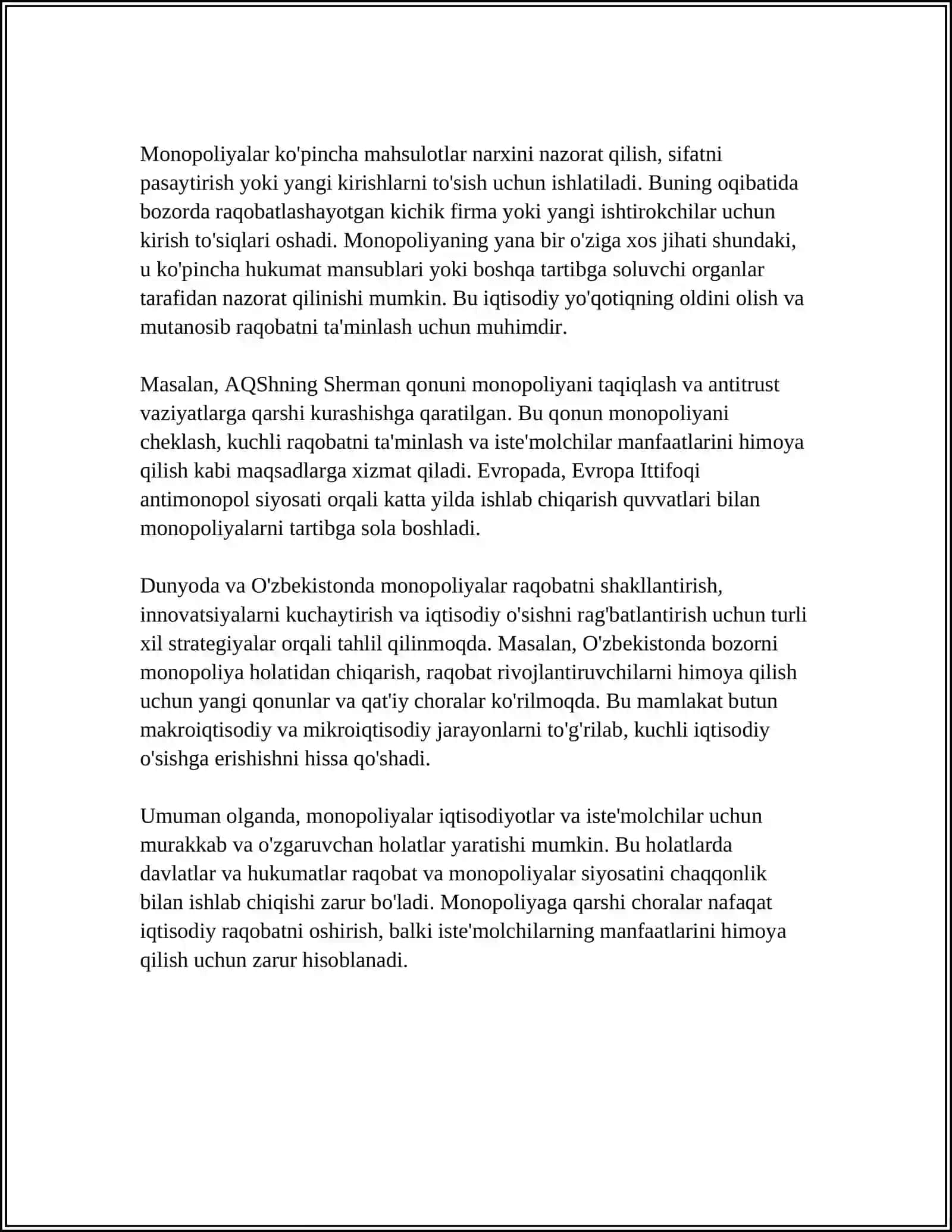 MONOPOLIYALAR, ULARNING AMAL QILISHI VA TARTIBGA SOLINISHI XUSUSIYATLARI 4