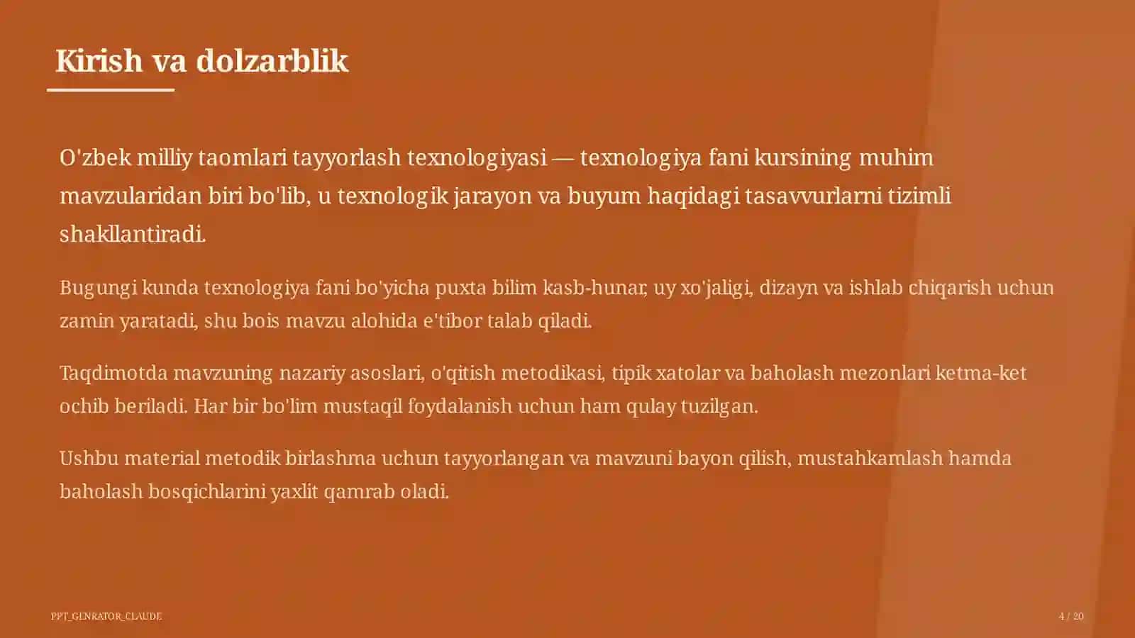 O'zbek milliy taomlari tayyorlash texnologiyasi (6-sinf) 4