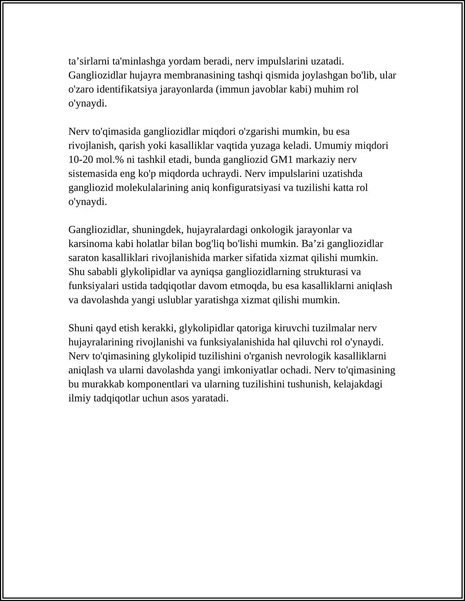 NERV TOʻQIMASINING ASOSIY GLIKOLIPIDLARI, AHAMIYATI, ULAR BILAN BOGʻLIQ KASALLIKLAR 4