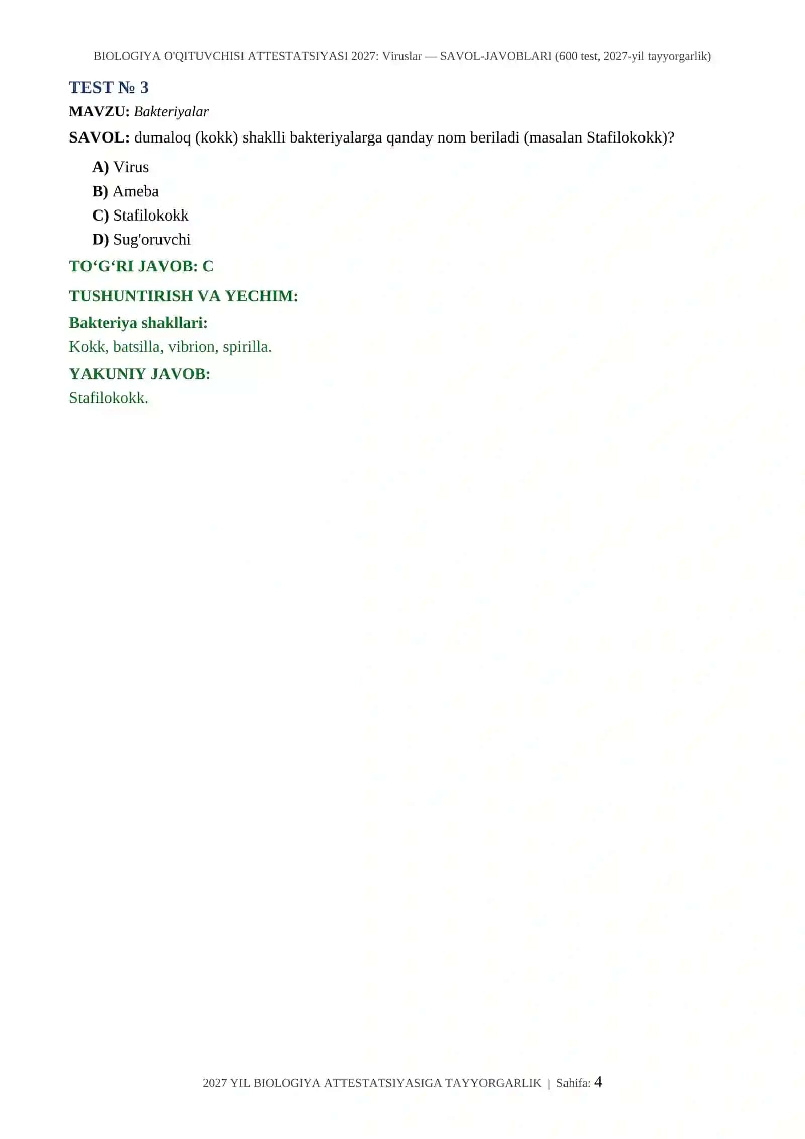 BIOLOGIYA O'QITUVCHISI ATTESTATSIYASI 2027: Viruslar — SAVOL-JAVOBLARI (600 test, 2027-yil tayyorgarlik) 4