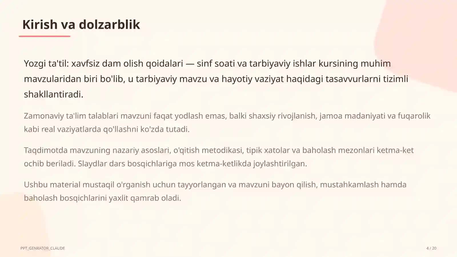 Sinf soati va tarbiyaviy tadbirlar (1– 4