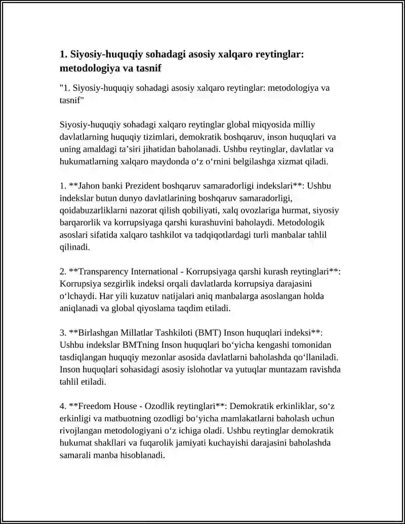 SIYOSIY-HUQUQIY SOHADAGI USTUVOR XALQARO REYTINGLAR VA ULARGA OʻZBEKISTONNING INTEGRATSIYALASHUVI 4