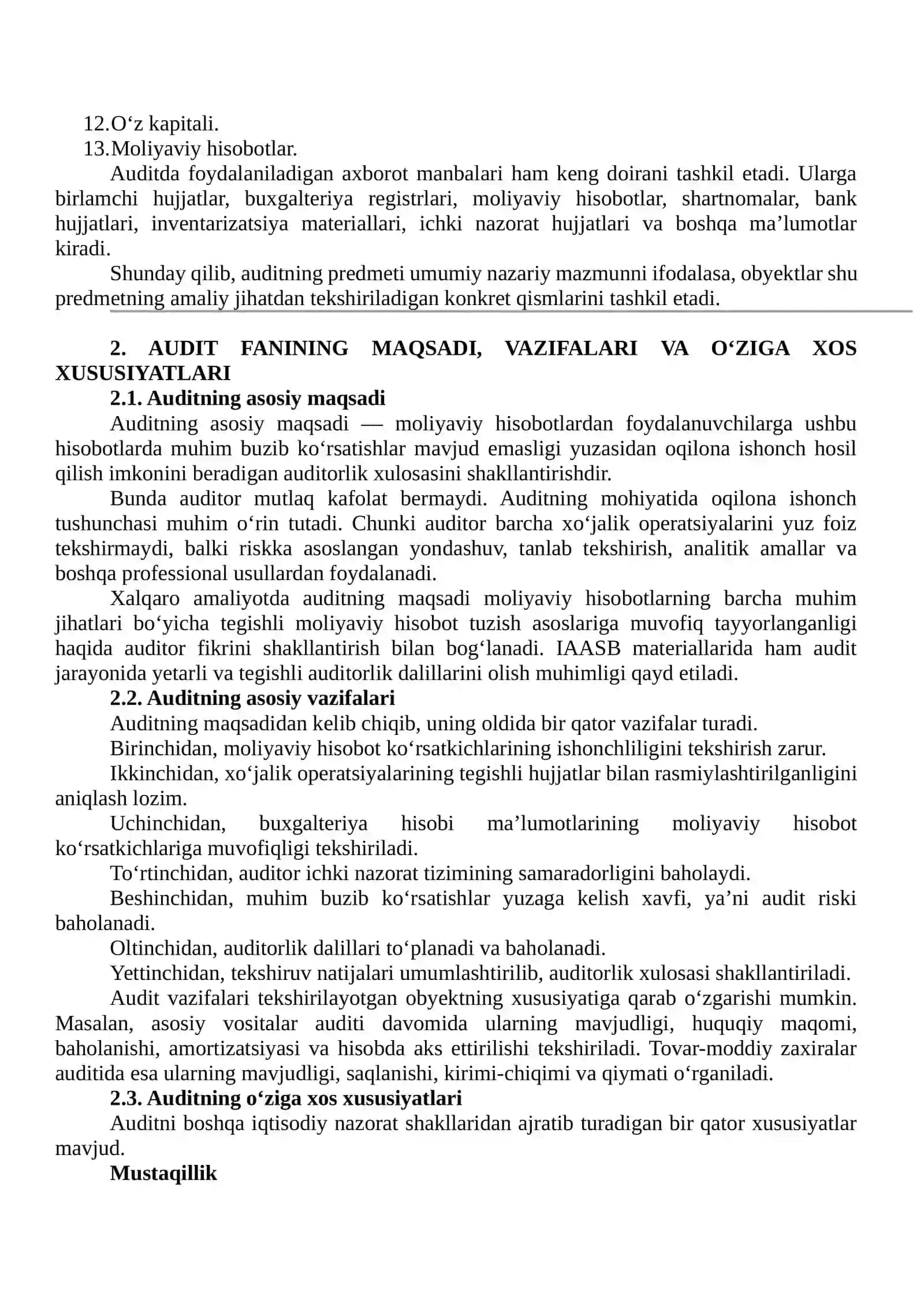 Audit fanining predmeti, maqsadi va uning o‘ziga xos xususiyatlari 4