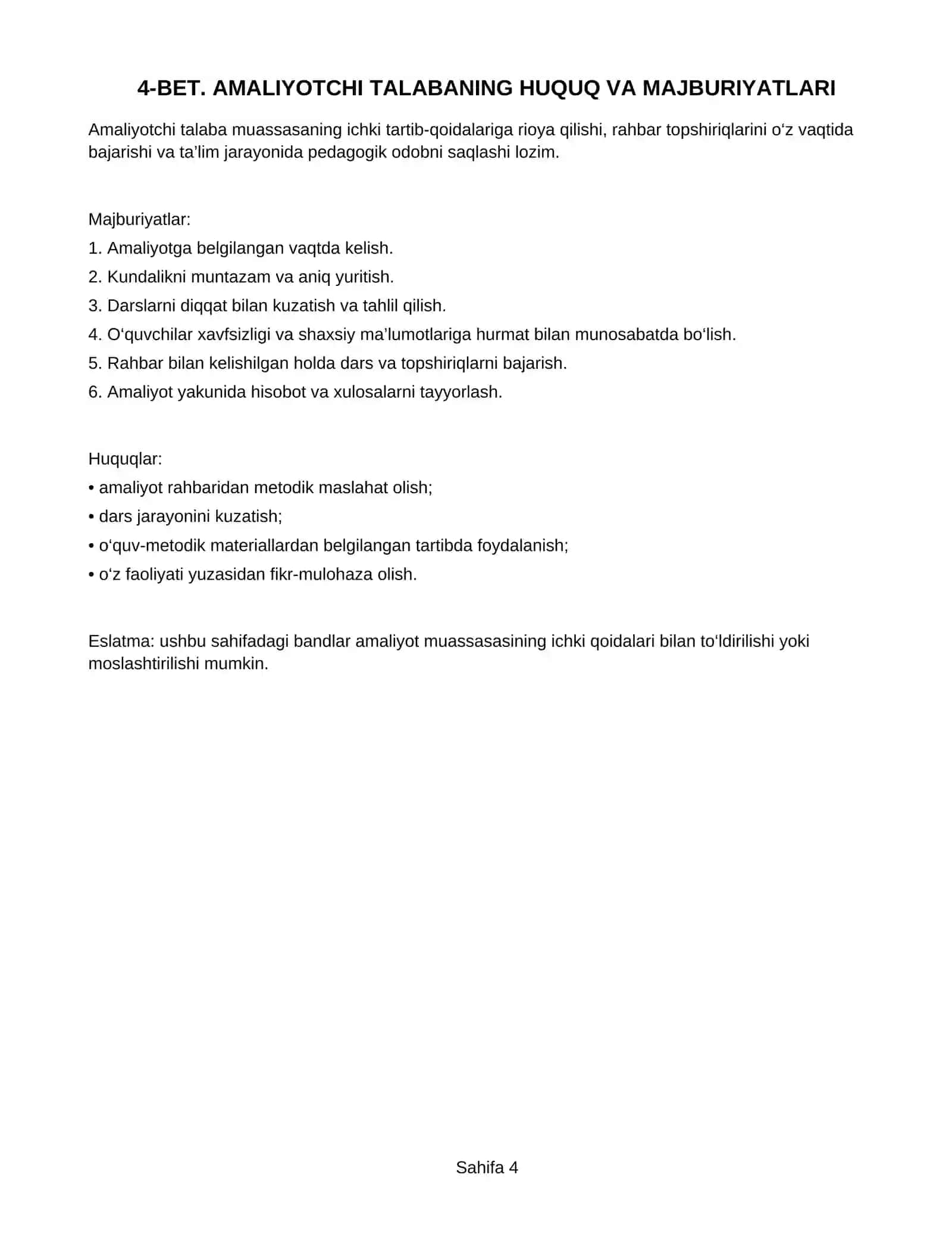 PEDAGOGIK AMALIYOT KUNDALIGI 20 betlik tayyor namuna  tli 4