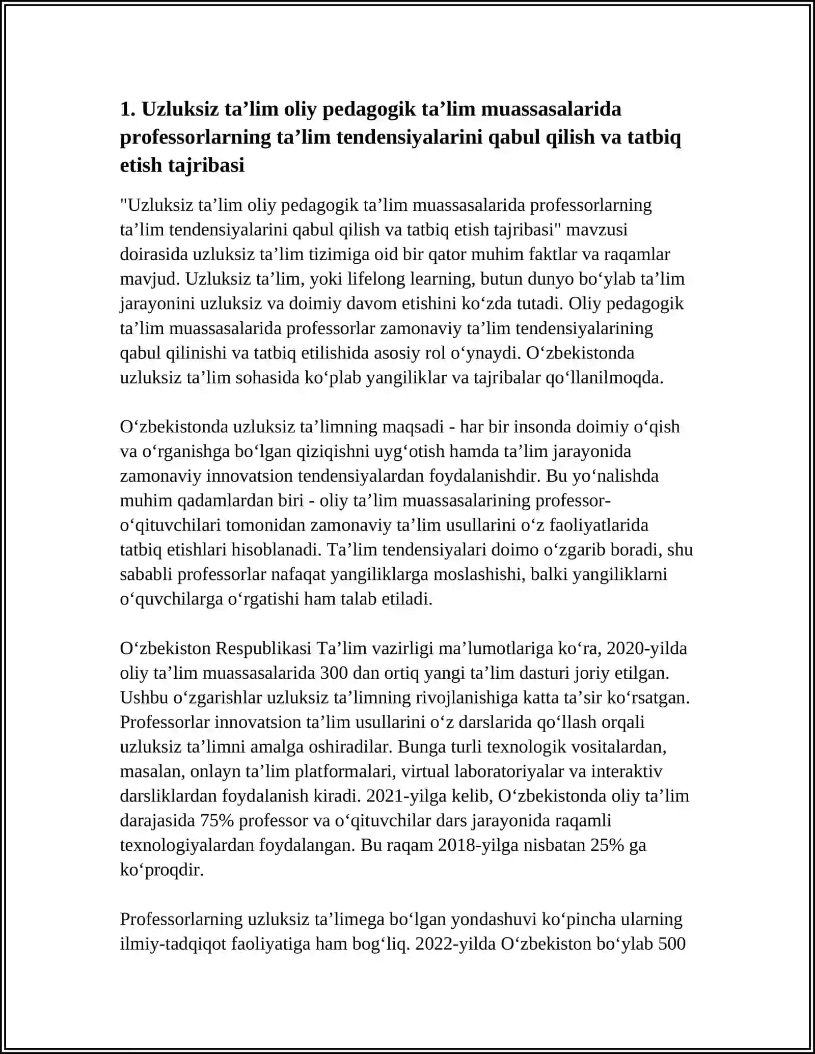 UZLUKSIZ TAʼLIM OLIY PEDAGOGIK TAʼLIM MUASSASALARI PROFESSORLARI OʻQUVCHILAR TAʼLIM TENDIYSIYALARIN FOYDALANISH TAJRIBASI OʻRGANISH 4