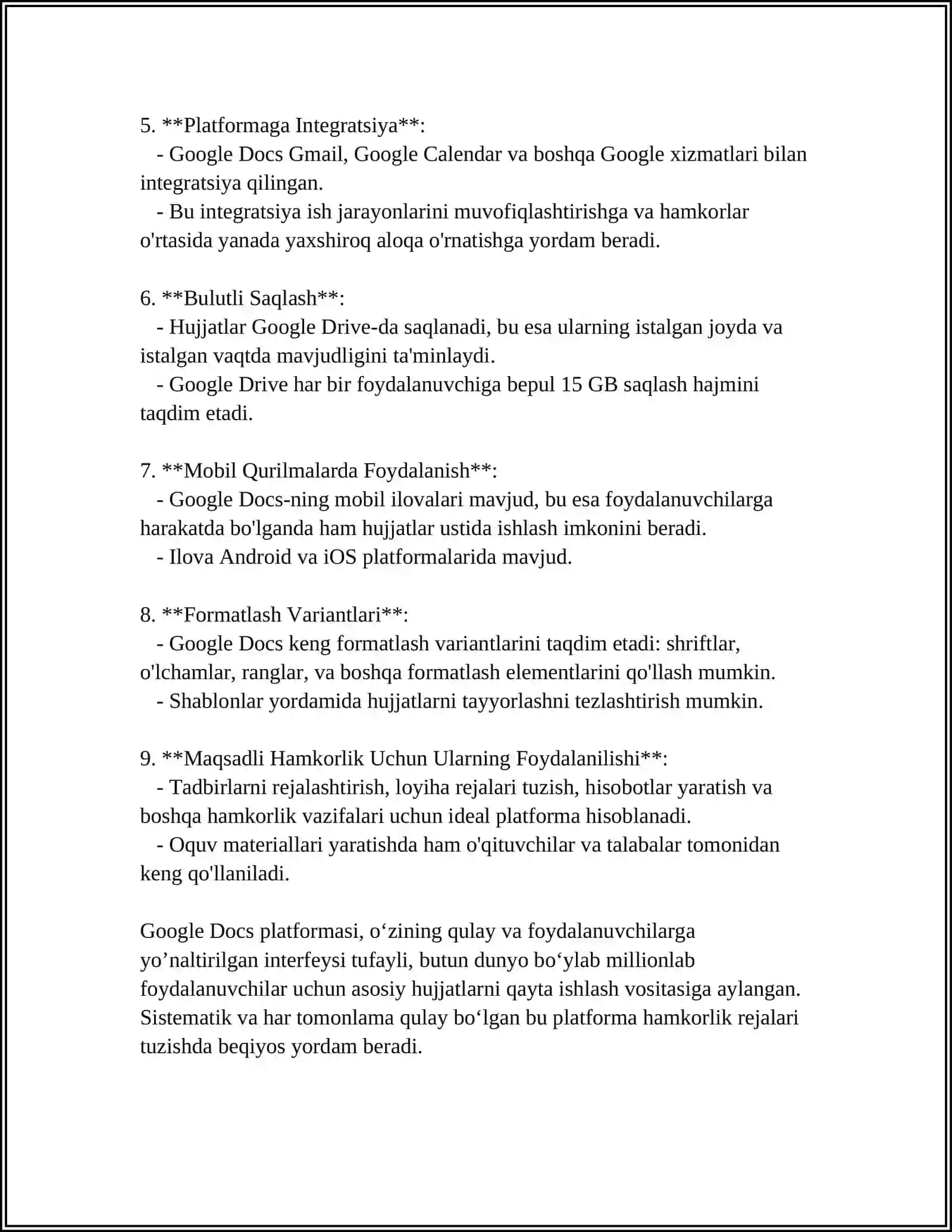 GOOGLE DOCS PLATFORMASIDA "BIR VAQTDA BIR HUJJAT USTIDA BIR NECHA FOYDALANUVCHI BILAN HAMKORLIKDA ISHLASH IMKONIYATI".USLUBIY KOʻRSATMA SHAKLIDA 4