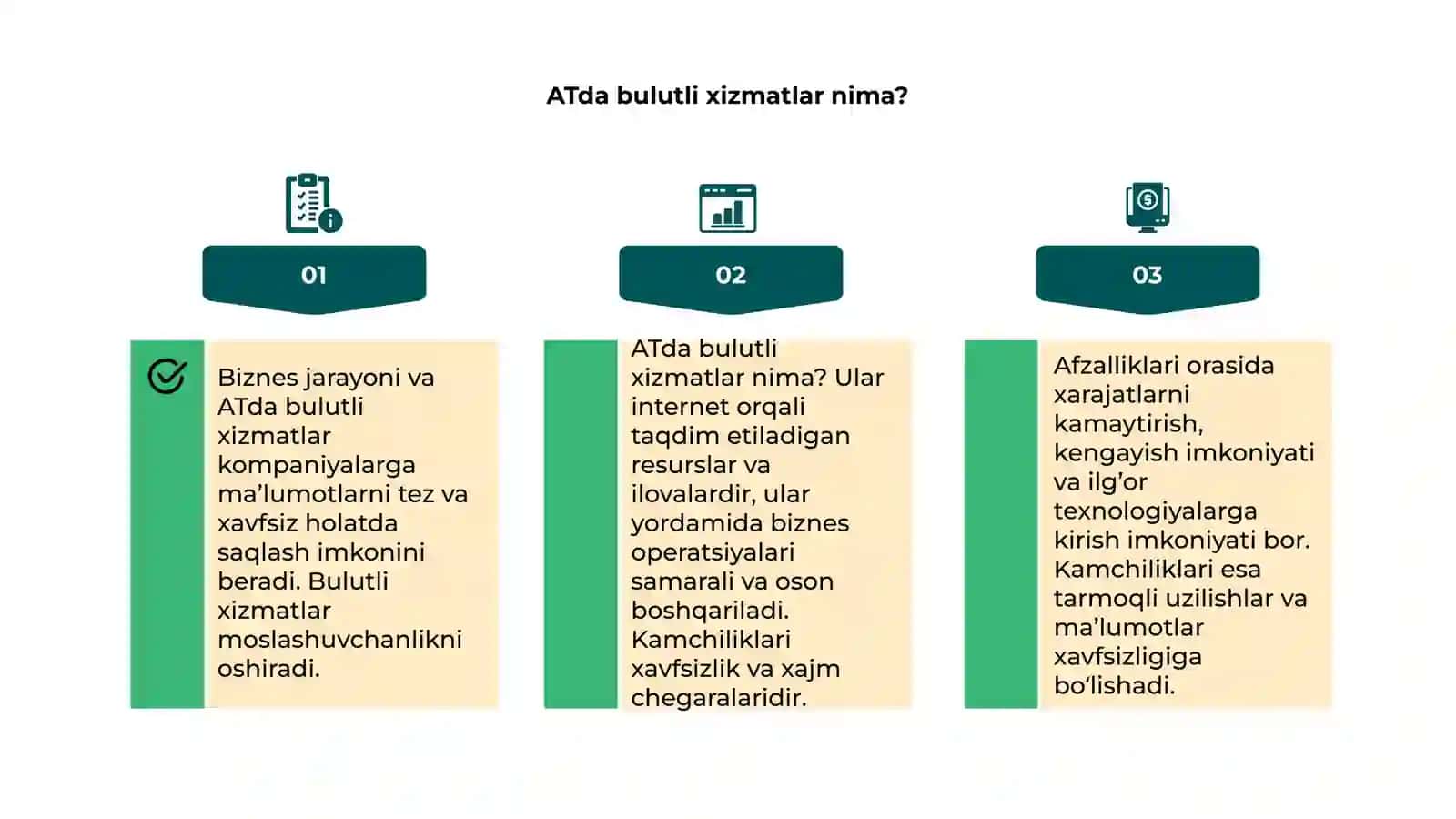 Biznes jarayoni va ATda bulutli xizmatlarning afzallik va kamchiliklari 4