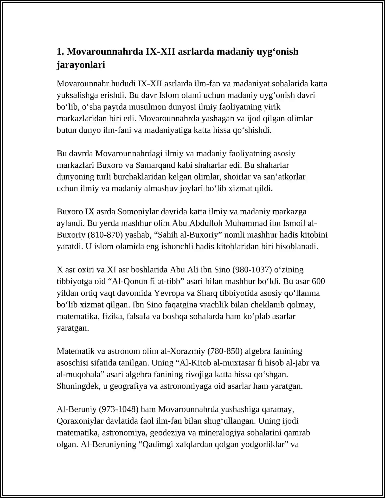 IX-XXII ASRLARDA MAMLAKATIMIZ HUDUDIDA RÓY BERGAN MADANIY UYGʻONISH (RENESSANS(BUYUK ALLOMALARNING JAHON SIVILIZATSIYASIGA QÓSHGAN HISSASI. JALOLIDDIN MANGUBERDI VATAN HIMOYACHISI. AMIR TEMUR BUYUK DAVLAT ARBOBI. MIRZO ULUGʻBEK DAVLAT ARBOBI VA BUYUK OLIM 4