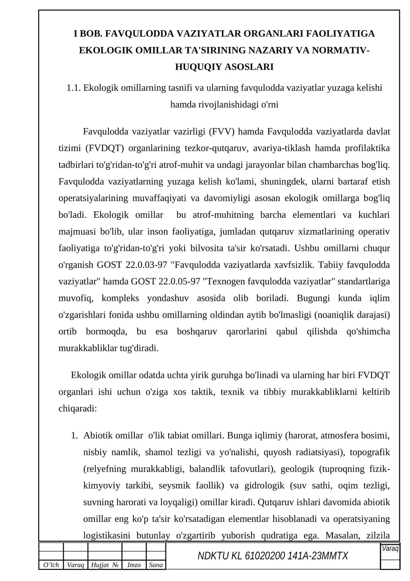 FAVQULODDA VAZIYATLAR ORGANLARI FAOLIYATIDA EKOLOGIK XAVFLARNI AMALIY BAHOLASH (kurs ishi)3-4-5kurs 4