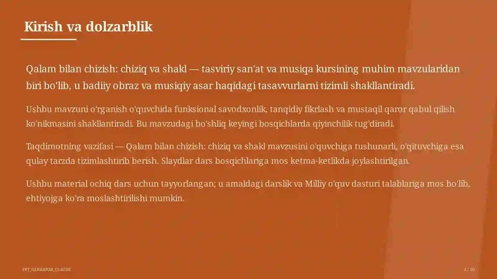 Tasviriy san'at va musiqa (1–7) — ochiq dars uchun 4