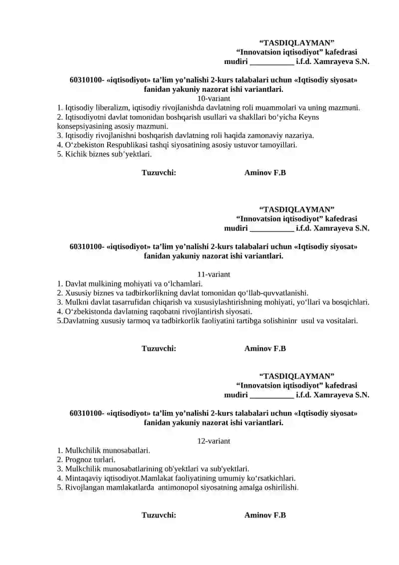 Iqtisodiy Siyosat Yakuniy Nazorat Ishlari 4
