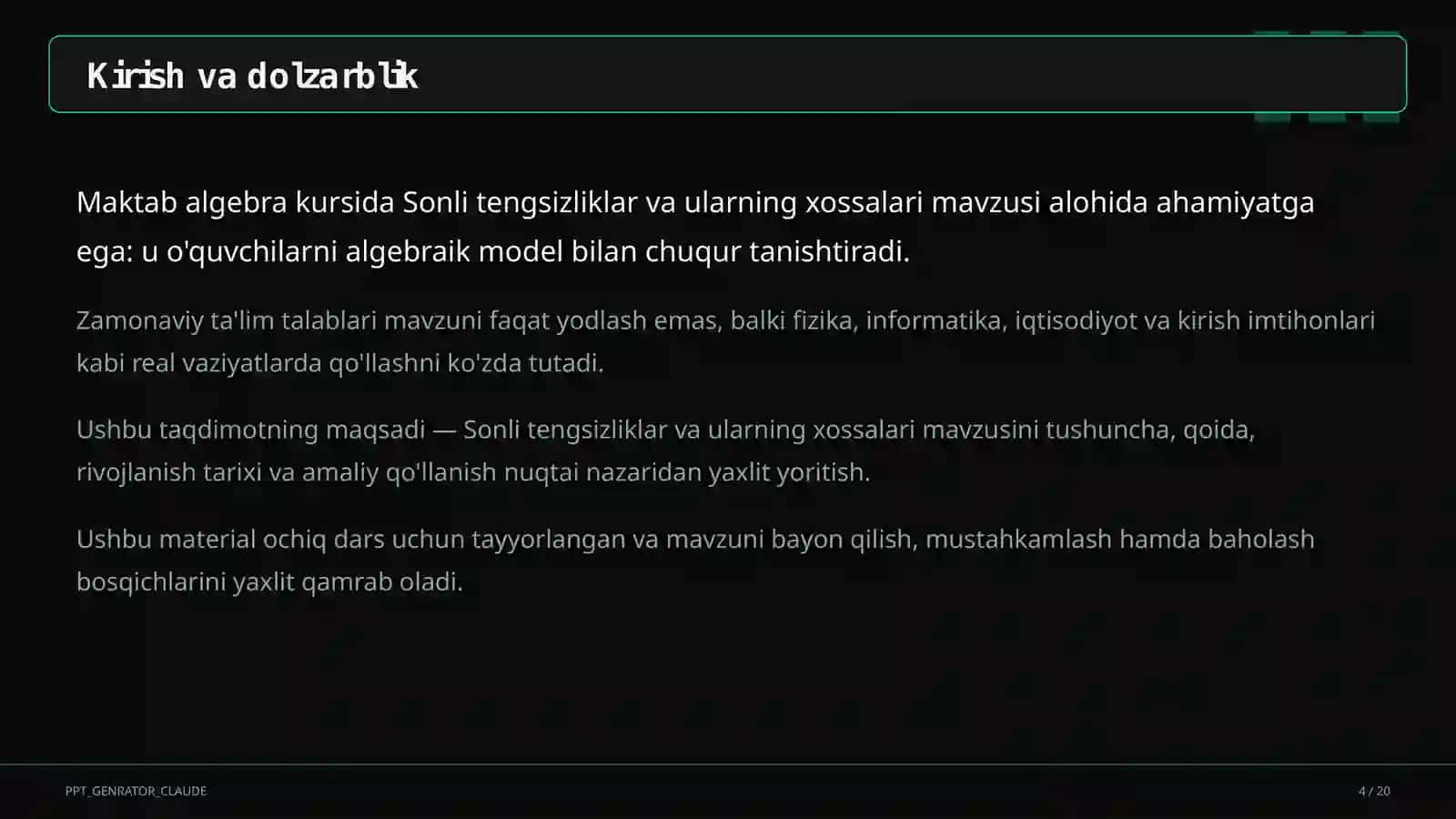 Sonli tengsizliklar va ularning xossalari (8-sinf) 4