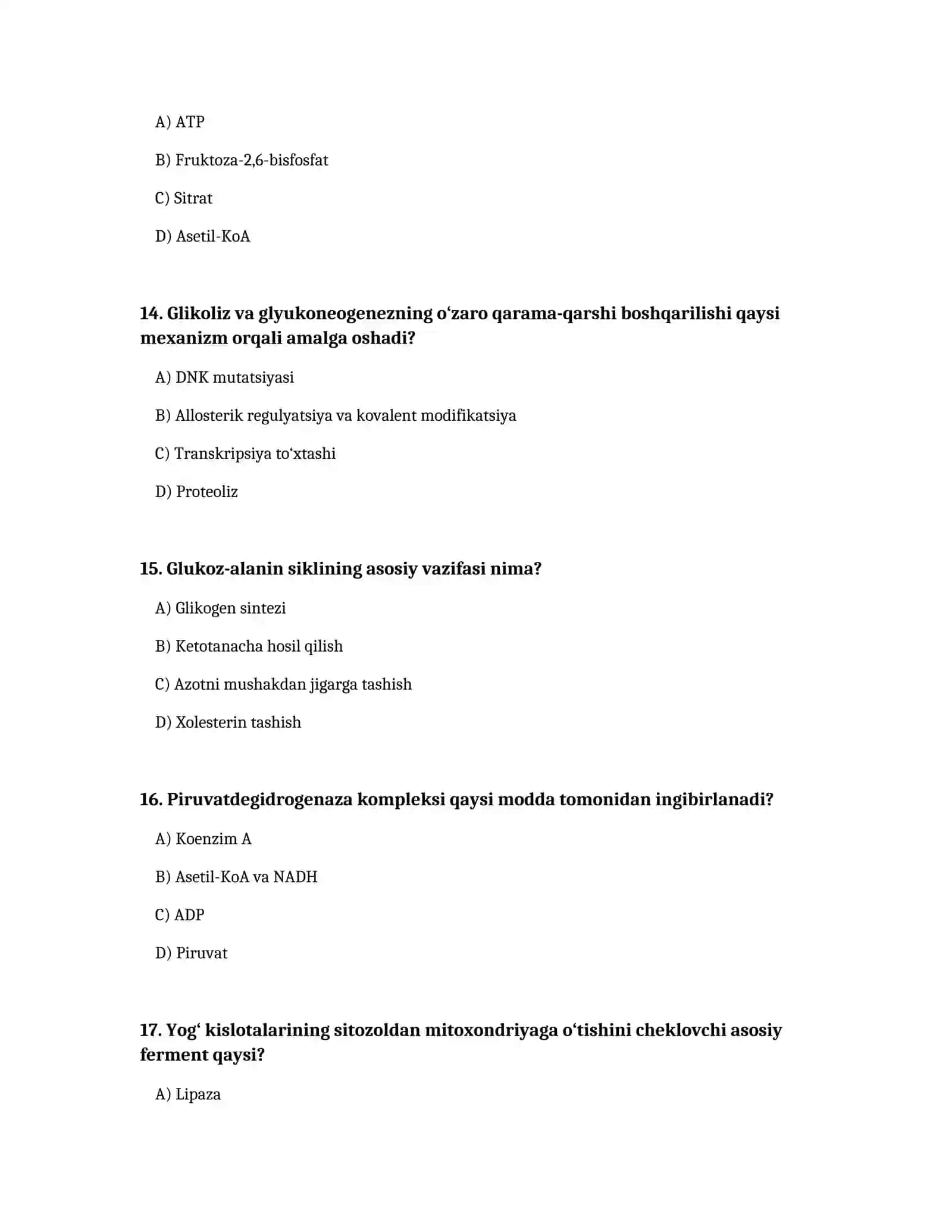 Biokimyo: metabolizm va fermentlar testi 4