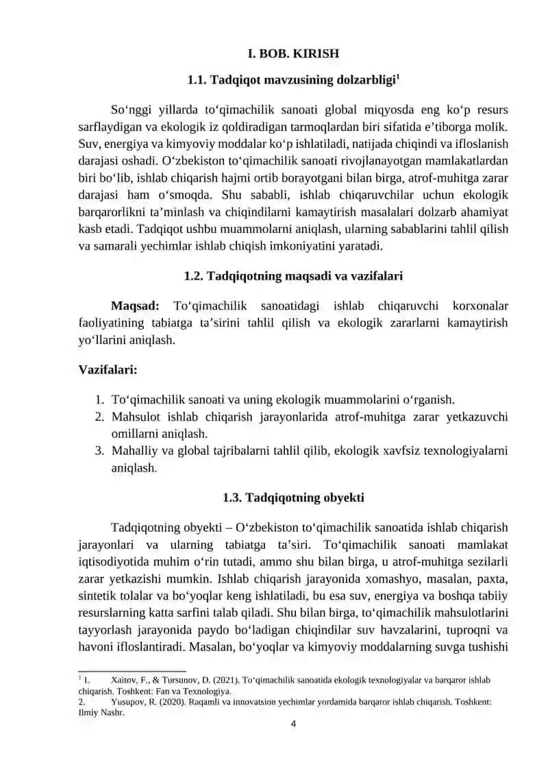 Ishlab chiqaruvchi korxonalarni mahsulotlari orqasidan tabiatga berayotgan zararlarini kamaytirish yoʻllari (Toʻqimachilik sanoati misolida) 4