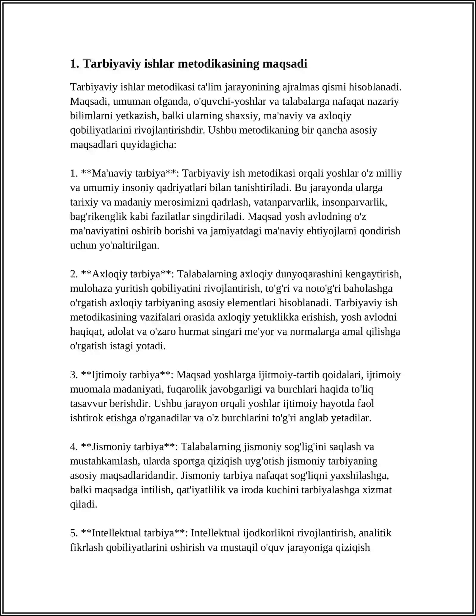"TARBIYAVIY ISHLAR METODIKASI" FANINING MAQSADI VA VAZIFALARI, UNING TARBIYA JARAYONIDA TUTGAN OʻRNI 4