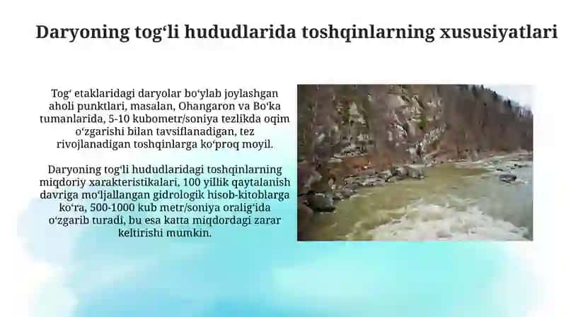 Daryoning tog'li, tog' oldi va tekis zonalarida toshqinlarning paydo bo'lish xususiyatlari 4