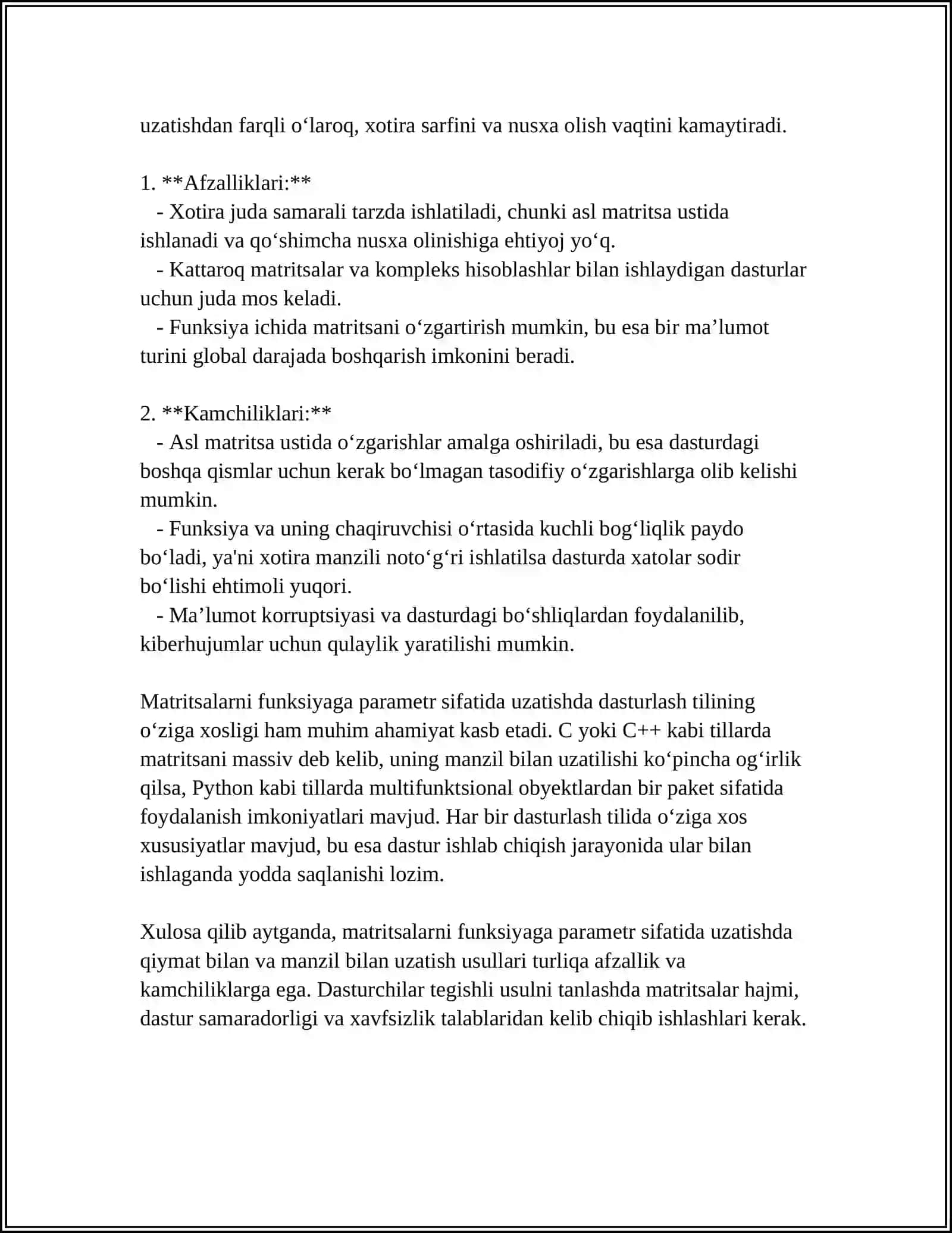 MATRITSALARNI FUNKSIYA PARAMETRLARI SIFATIDA QOLLANISHI 4