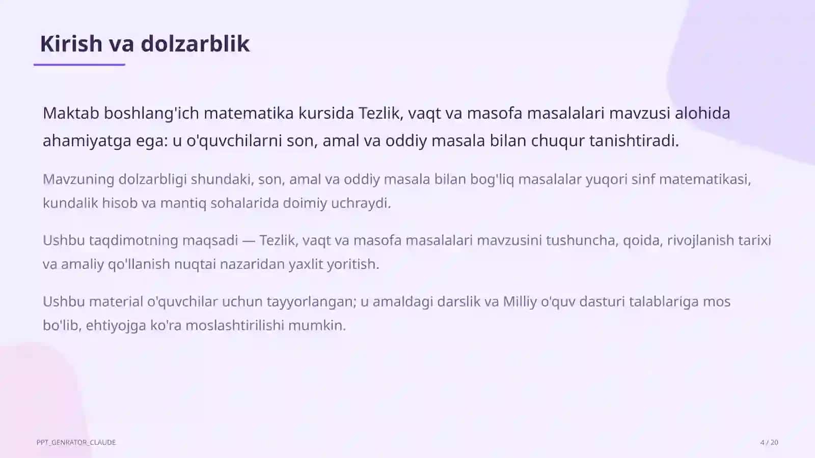 Tezlik, vaqt va masofa masalalari (4-sinf) 4
