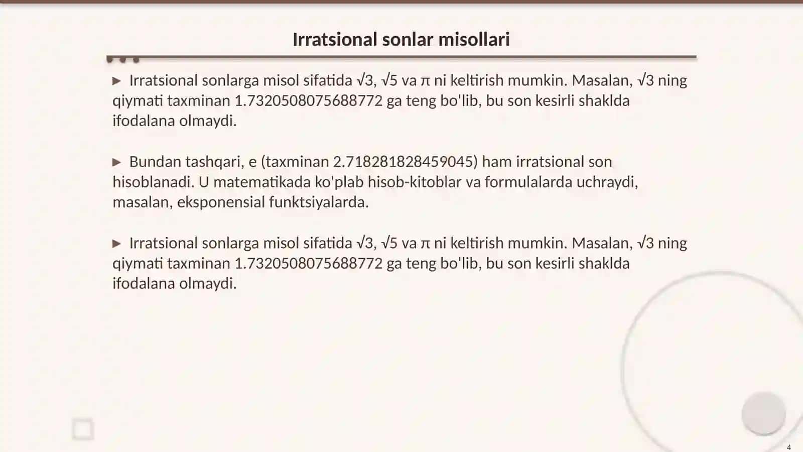 Irratsional sonlarga doir misollar yechish 4