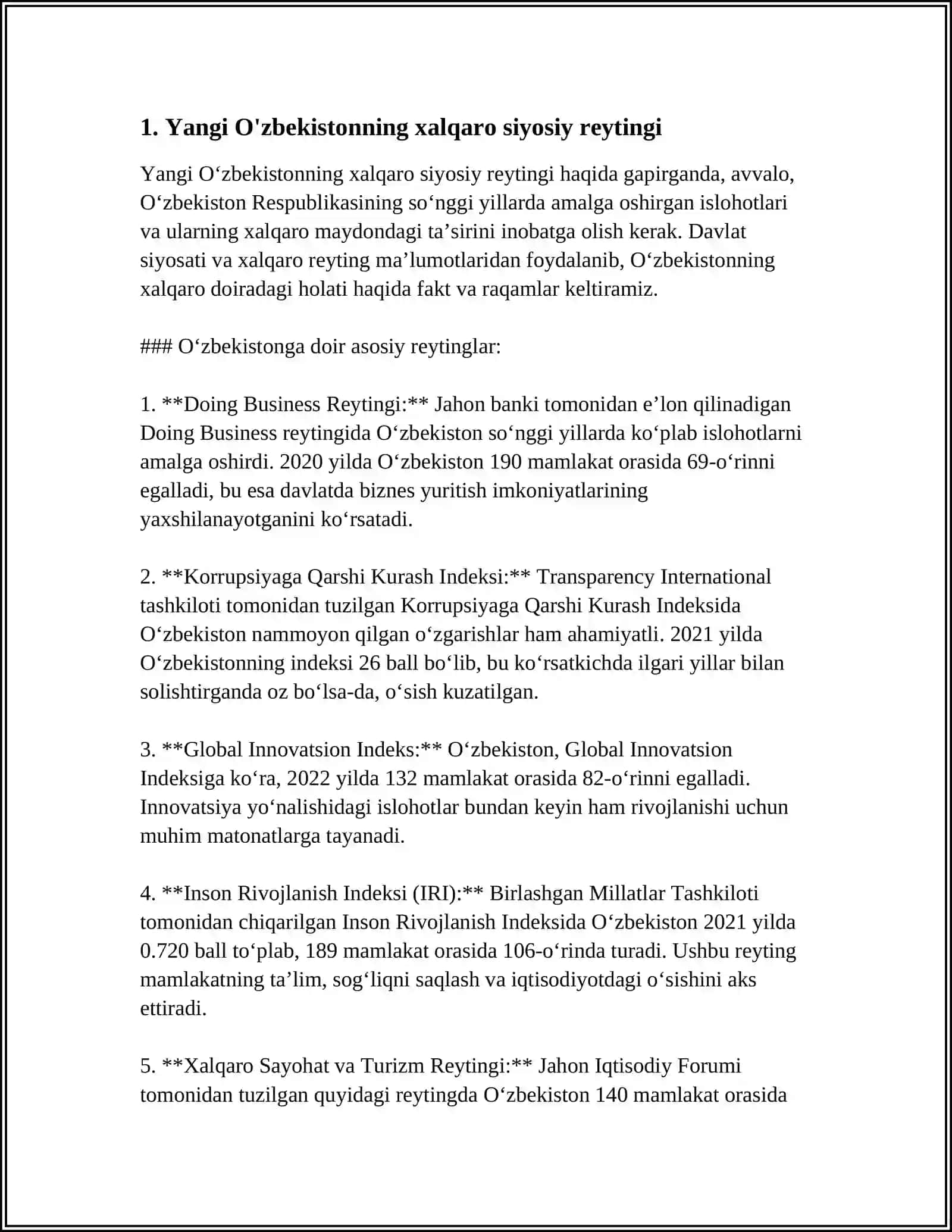 YANGI O'ZBEKISTON IJTIMOIY SIYOSIY IQTISODIY MADANIY HAYOTIDA RO'Y BERAYOTGAN O'ZGARISHLARINI XALQARO REYTING BILAN HAMKORLIK ALOQALARI 4