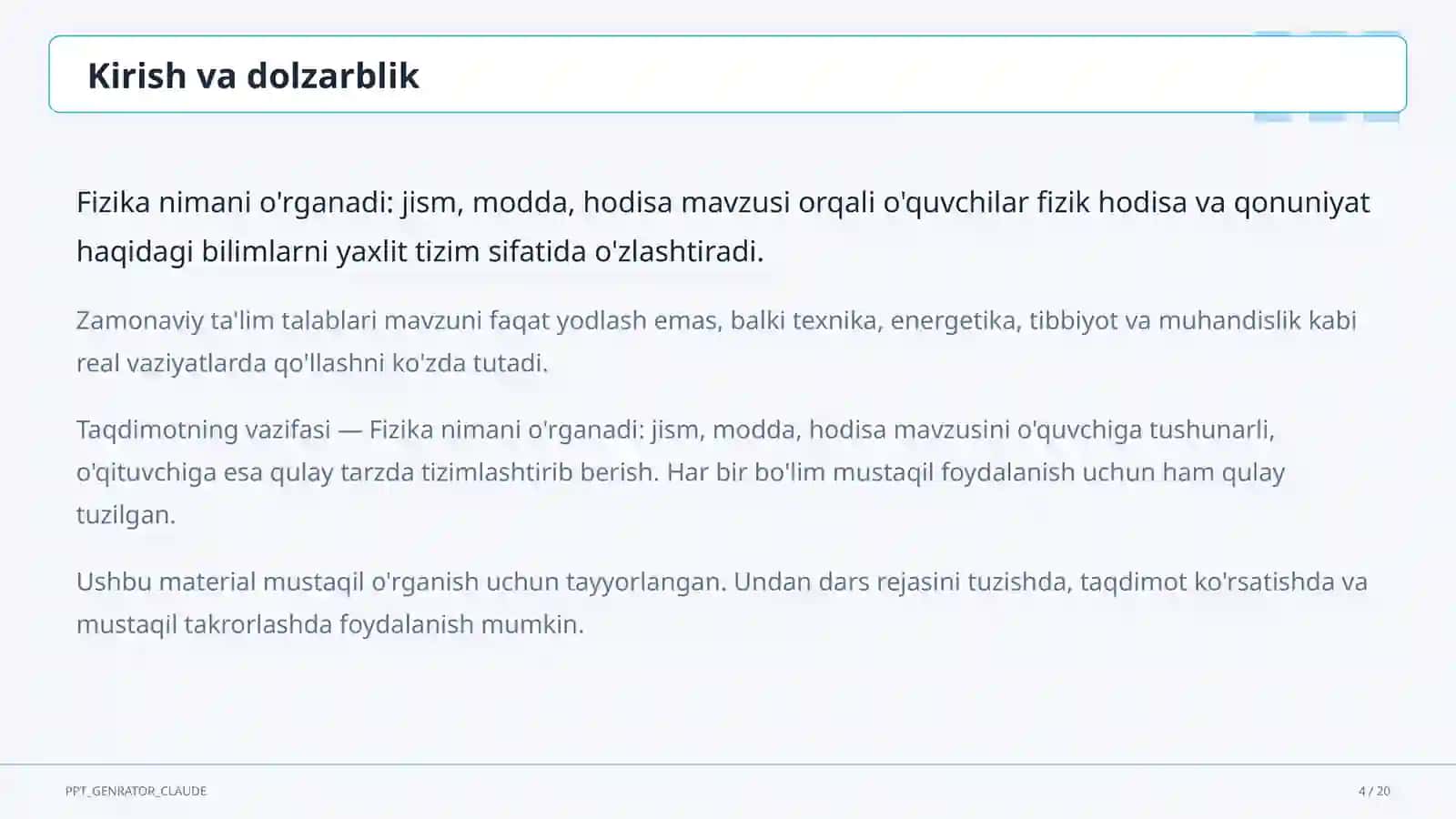 Fizika nimani o'rganadi: jism, modda, hodisa (6-sinf) 4