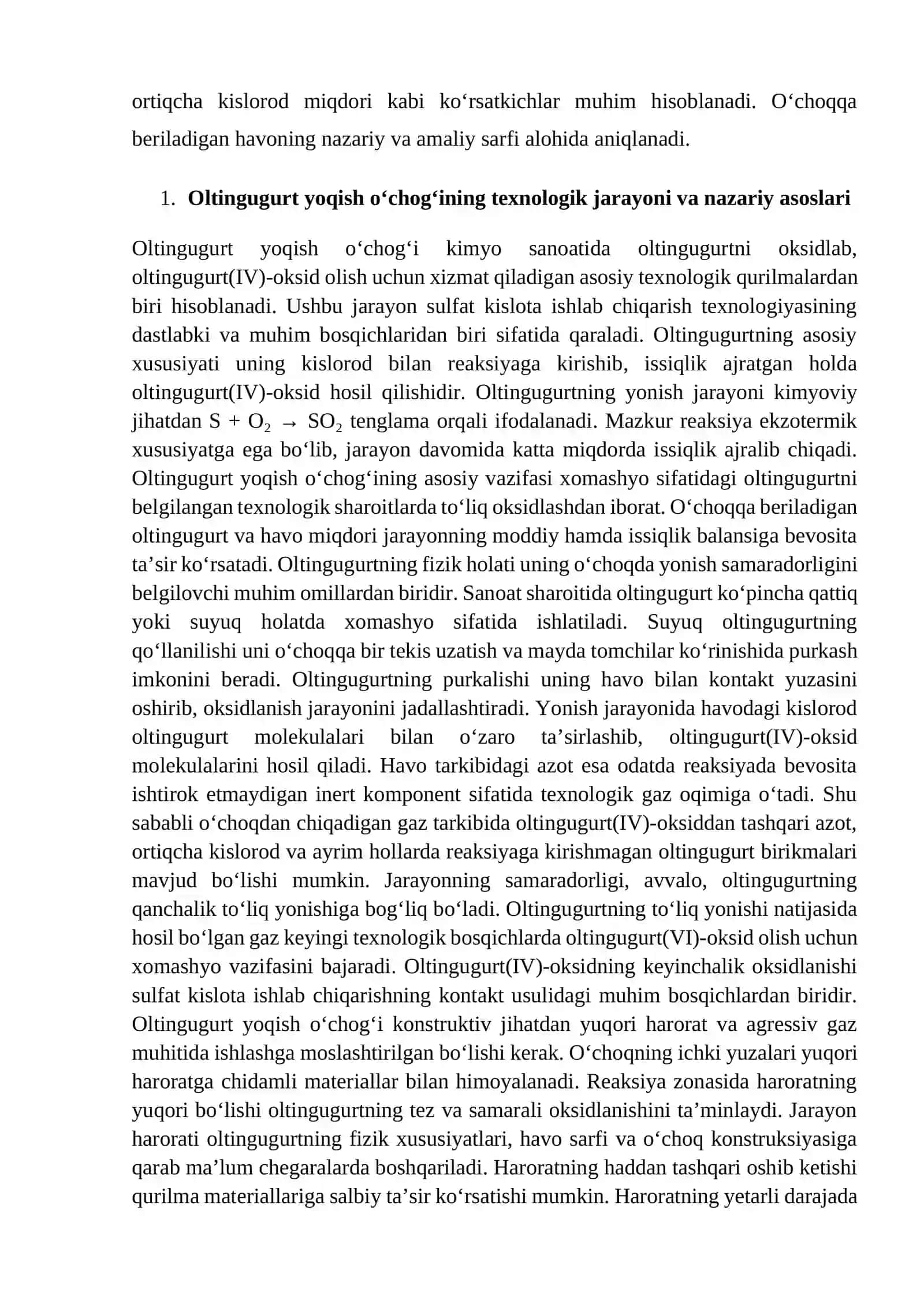 Oltingugurt yoqish o‘chog‘ining moddiy balansini hisoblash 4