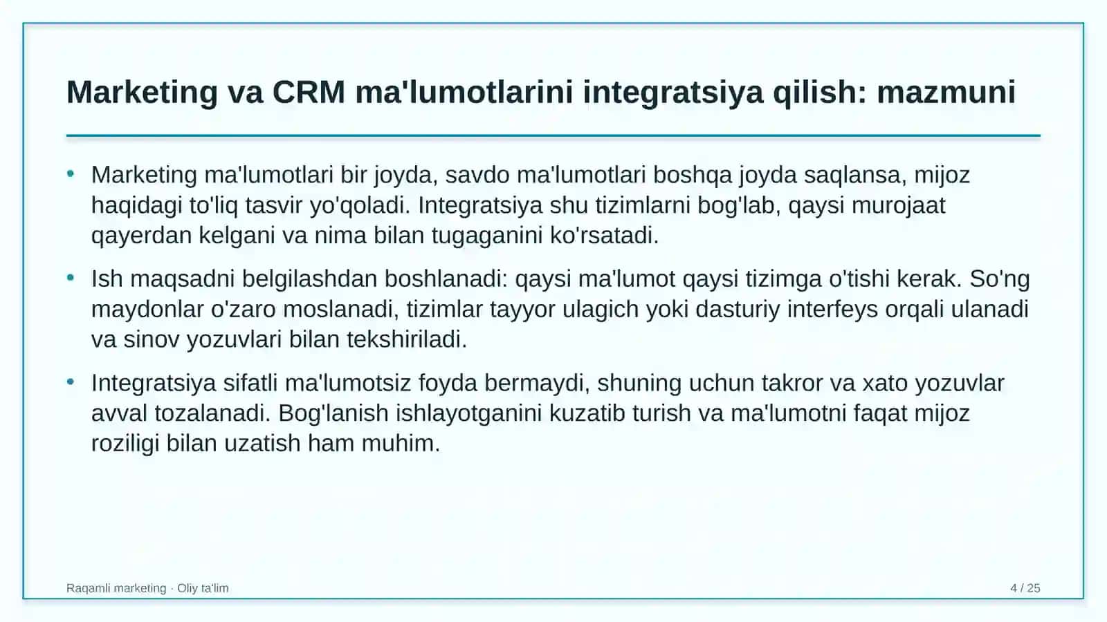 qon quyish markazlarida marketing va crm ma'lumotlarini integratsiya qilish 8017 4