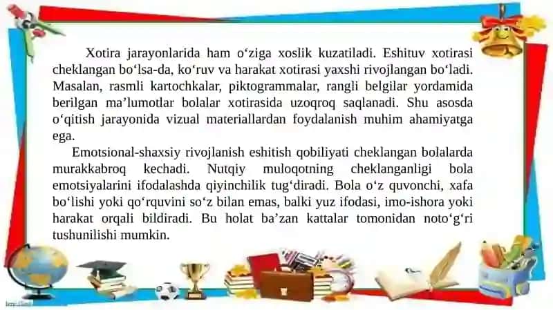 Eshitish qobiliyati cheklangan bolalarning aqliy va emotsional-shaxsiy rivojlanish xususiyatlari 4